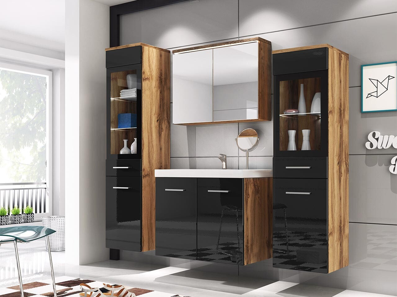 Set bagno Scientia III (Nero lucido + Quercia di Wotan)