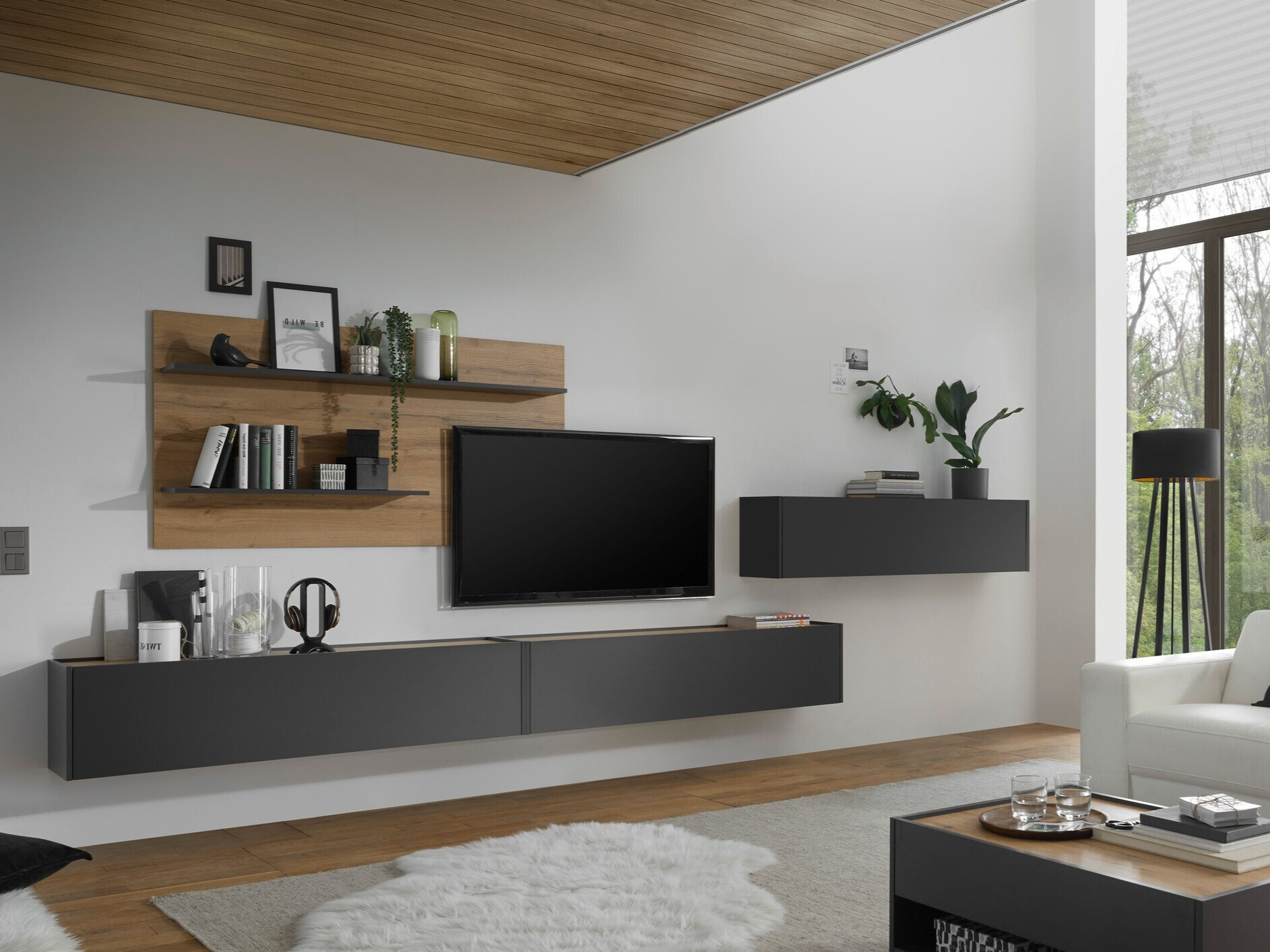 Parete attrezzata Elbsori 121 (Antracite + Quercia di Wotan)