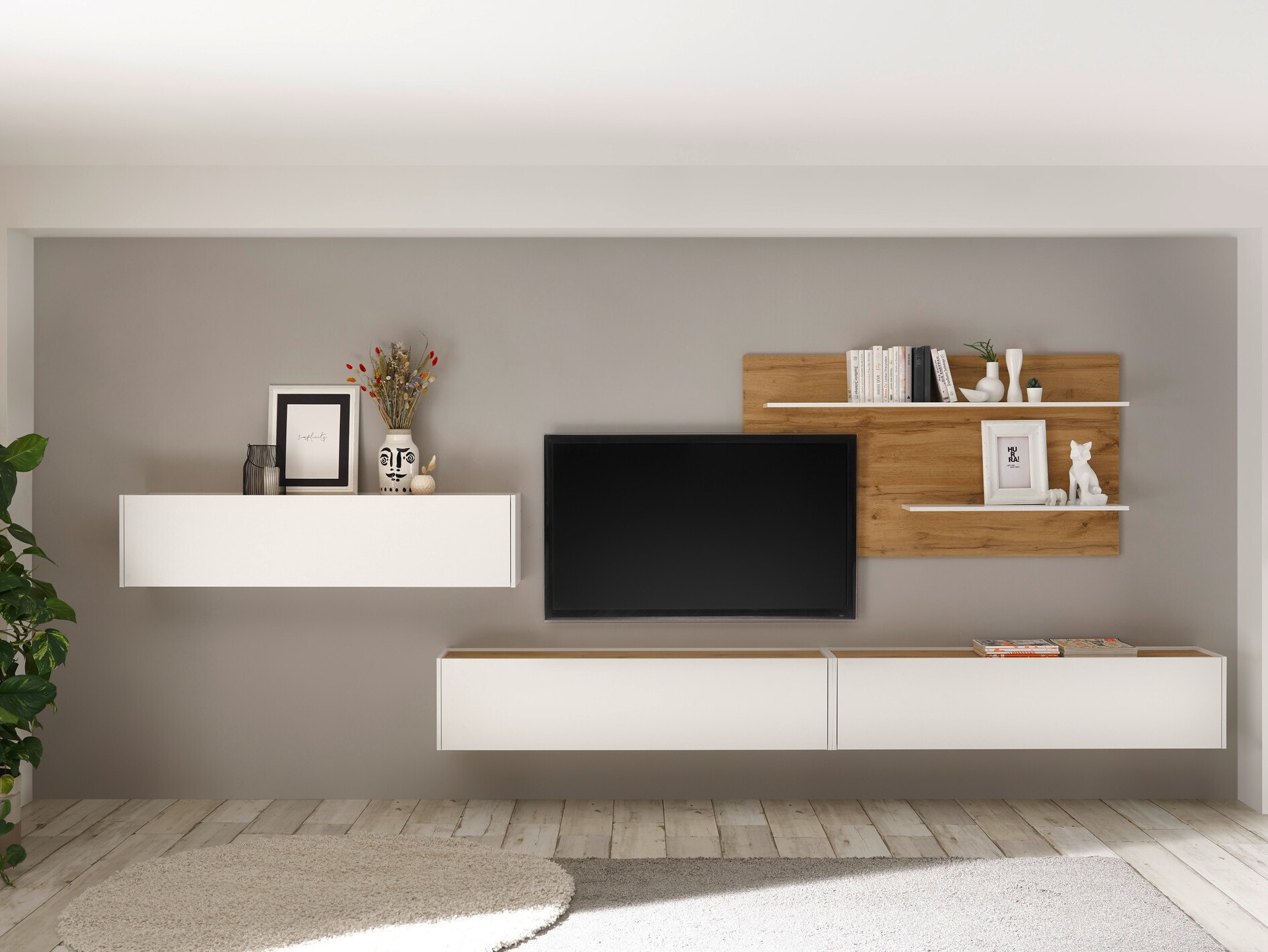 Parete attrezzata Elbsori 121 (Bianco + Quercia di Wotan)