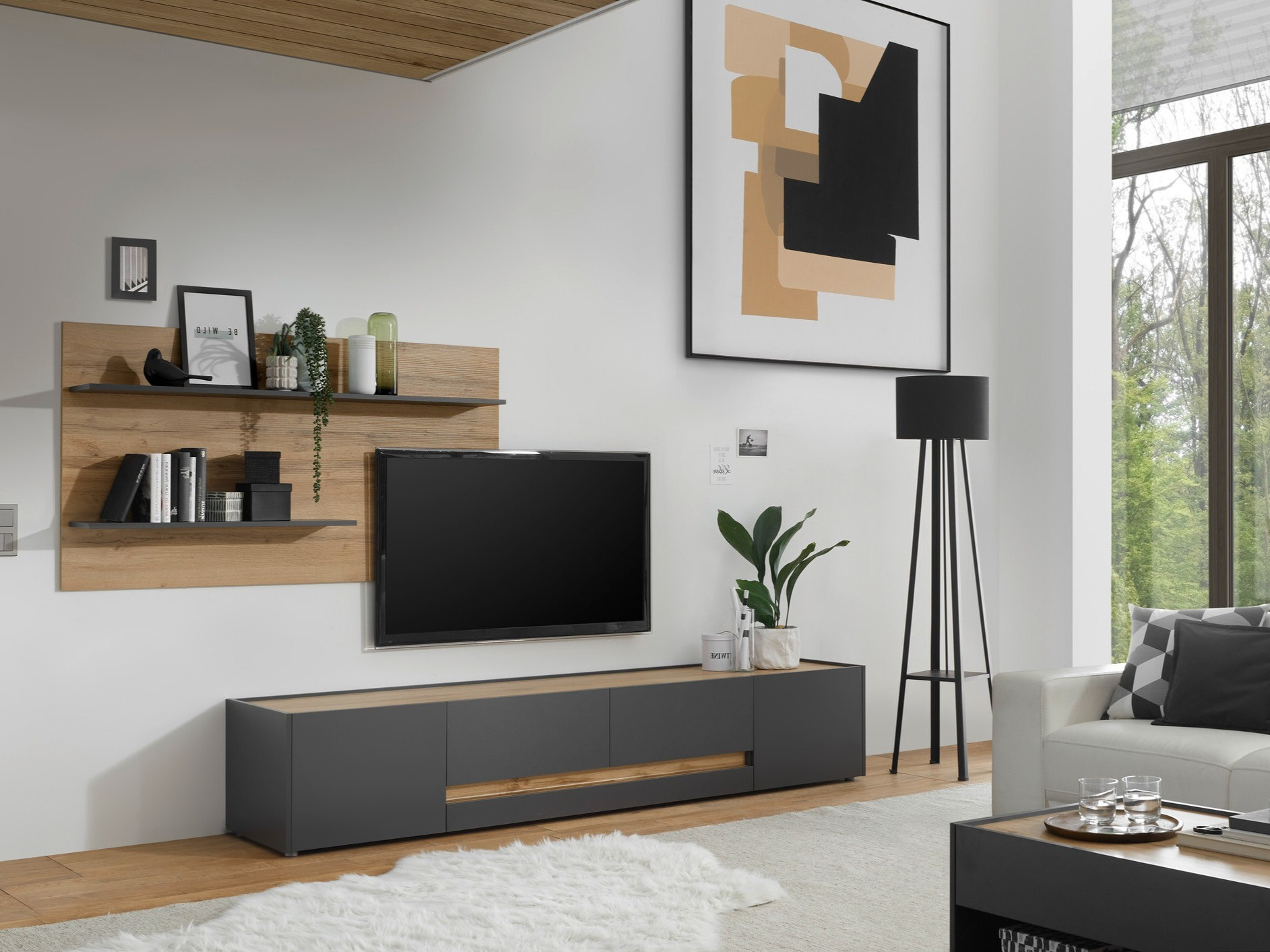 Parete attrezzata Elbsori 124 (Antracite + Quercia di Wotan)