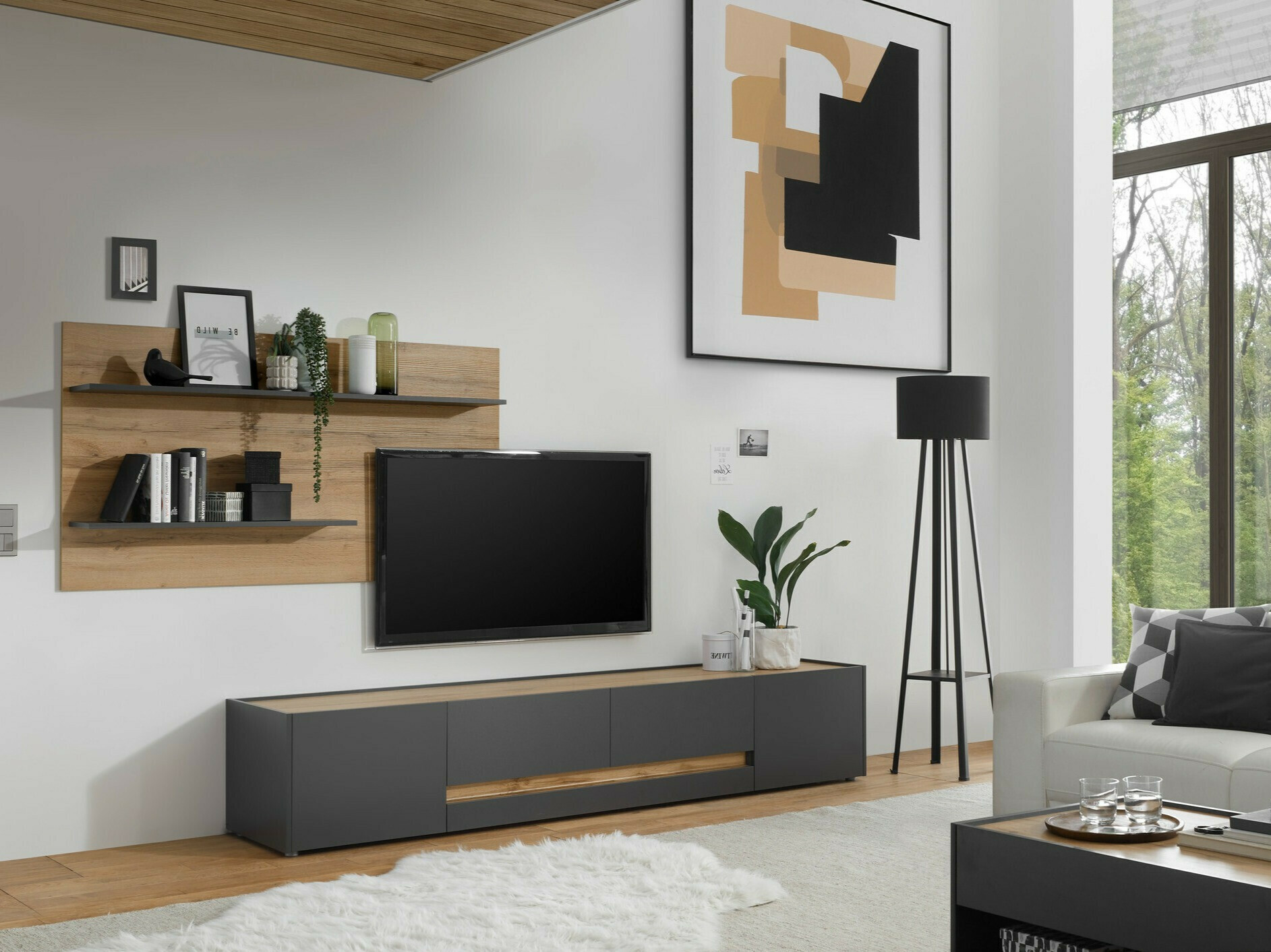 Parete attrezzata Elbsori 124 (Antracite + Quercia di Wotan)