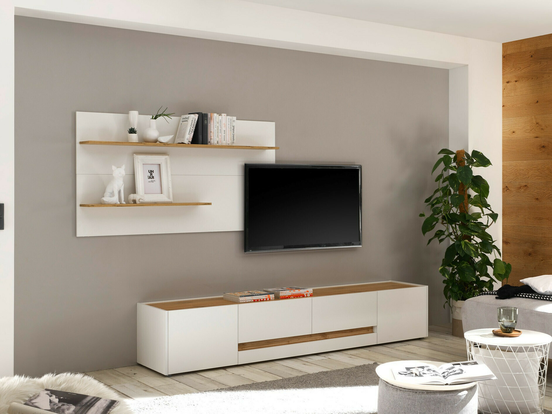 Parete attrezzata Elbsori 124 (Bianco + Quercia di Wotan)