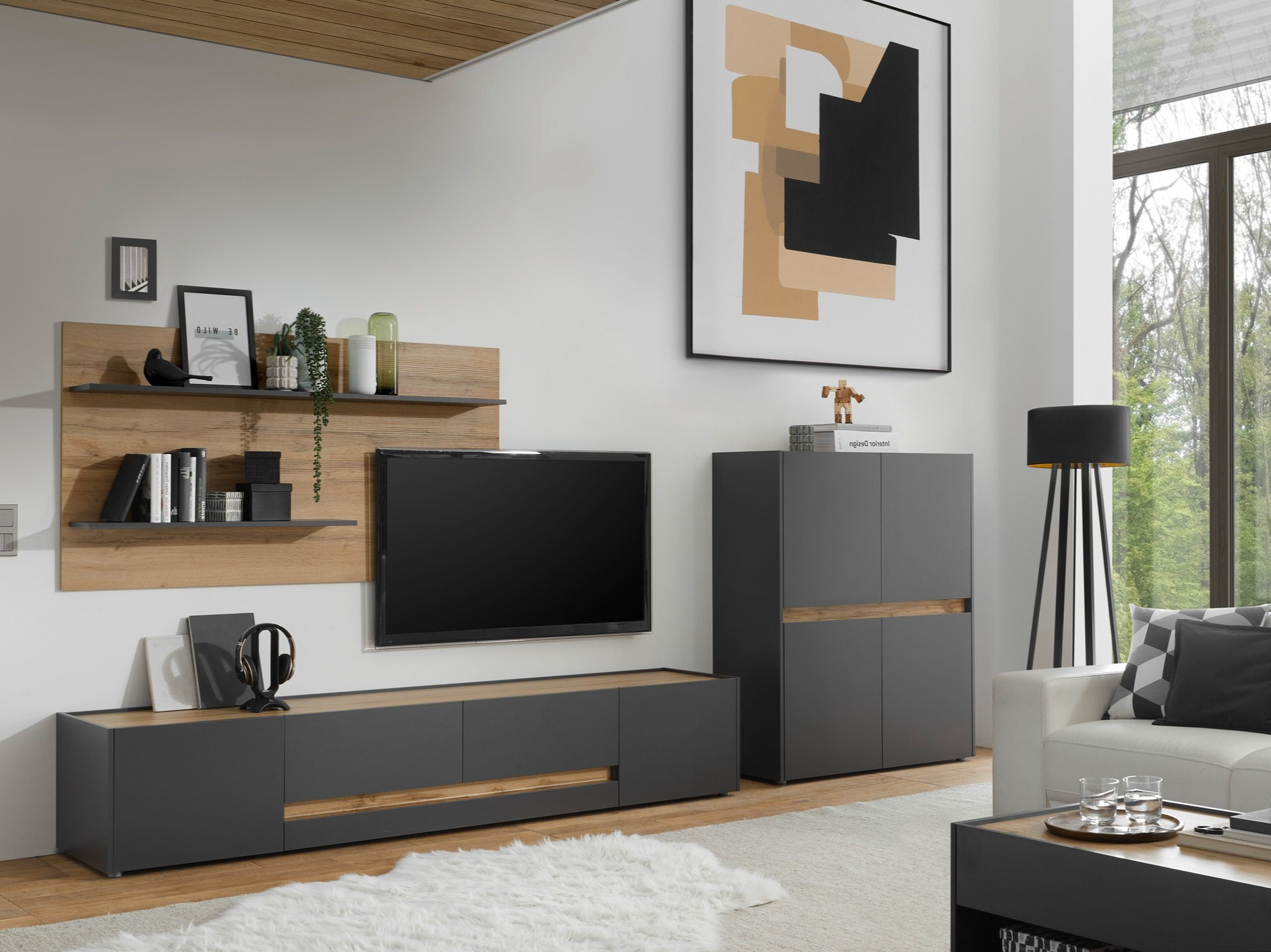 Parete attrezzata Elbsori 127 (Antracite + Quercia di Wotan)