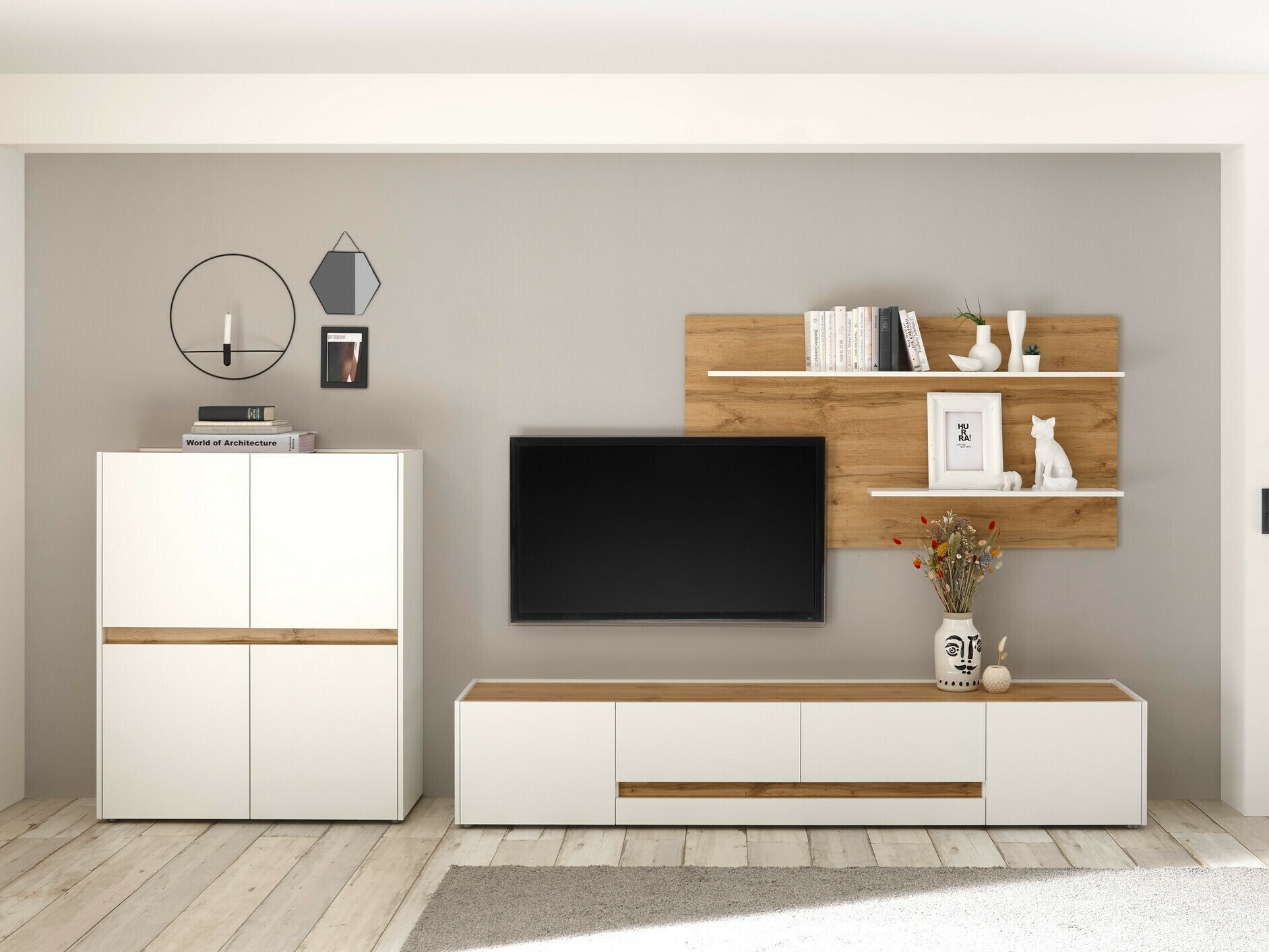 Parete attrezzata Elbsori 127 (Bianco + Quercia di Wotan)