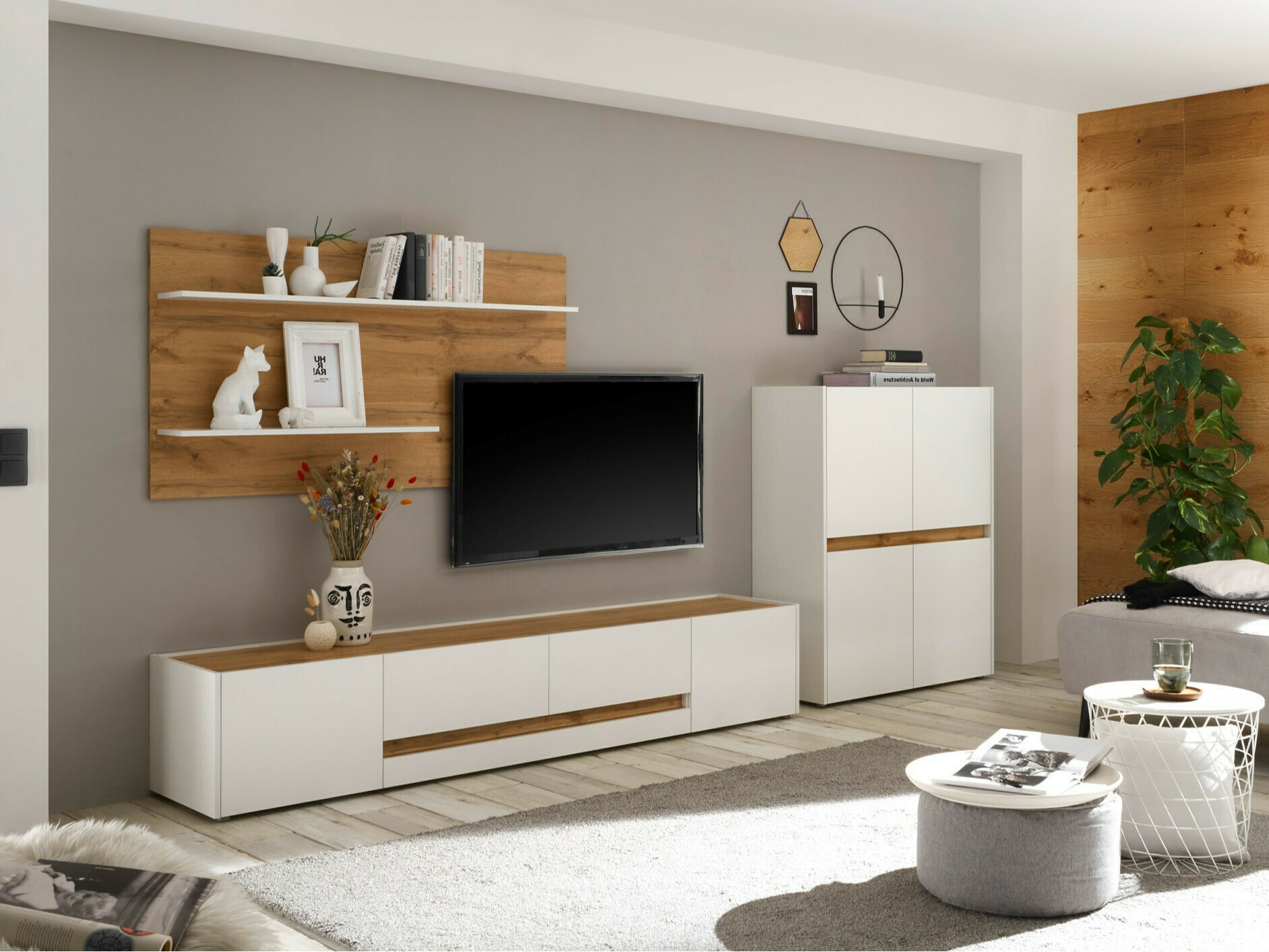 Parete attrezzata Elbsori 127 (Bianco + Quercia di Wotan)