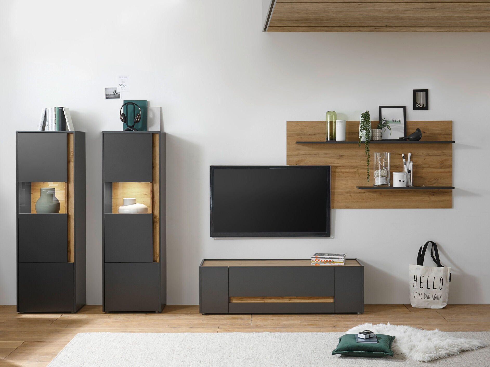 Parete attrezzata Elbsori 128 (Antracite + Quercia di Wotan)