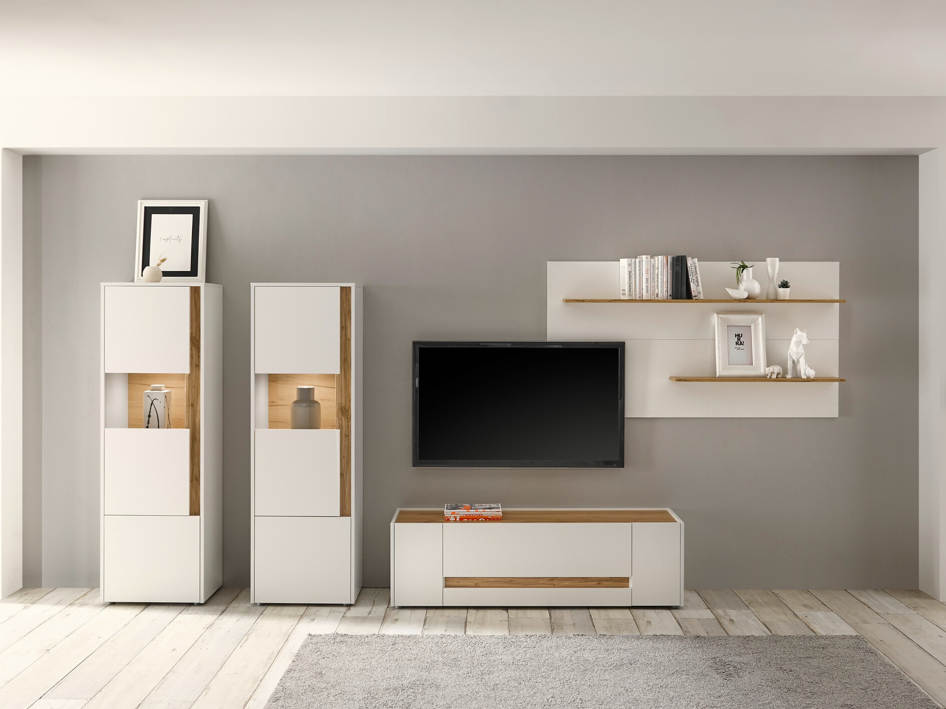 Parete attrezzata Elbsori 128 (Bianco + Quercia di Wotan)