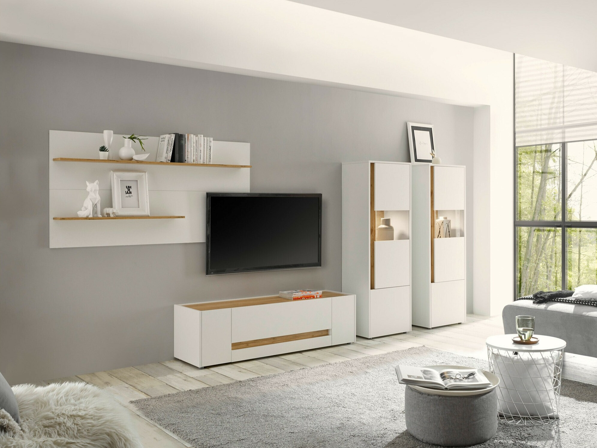 Parete attrezzata Elbsori 128 (Bianco + Quercia di Wotan)