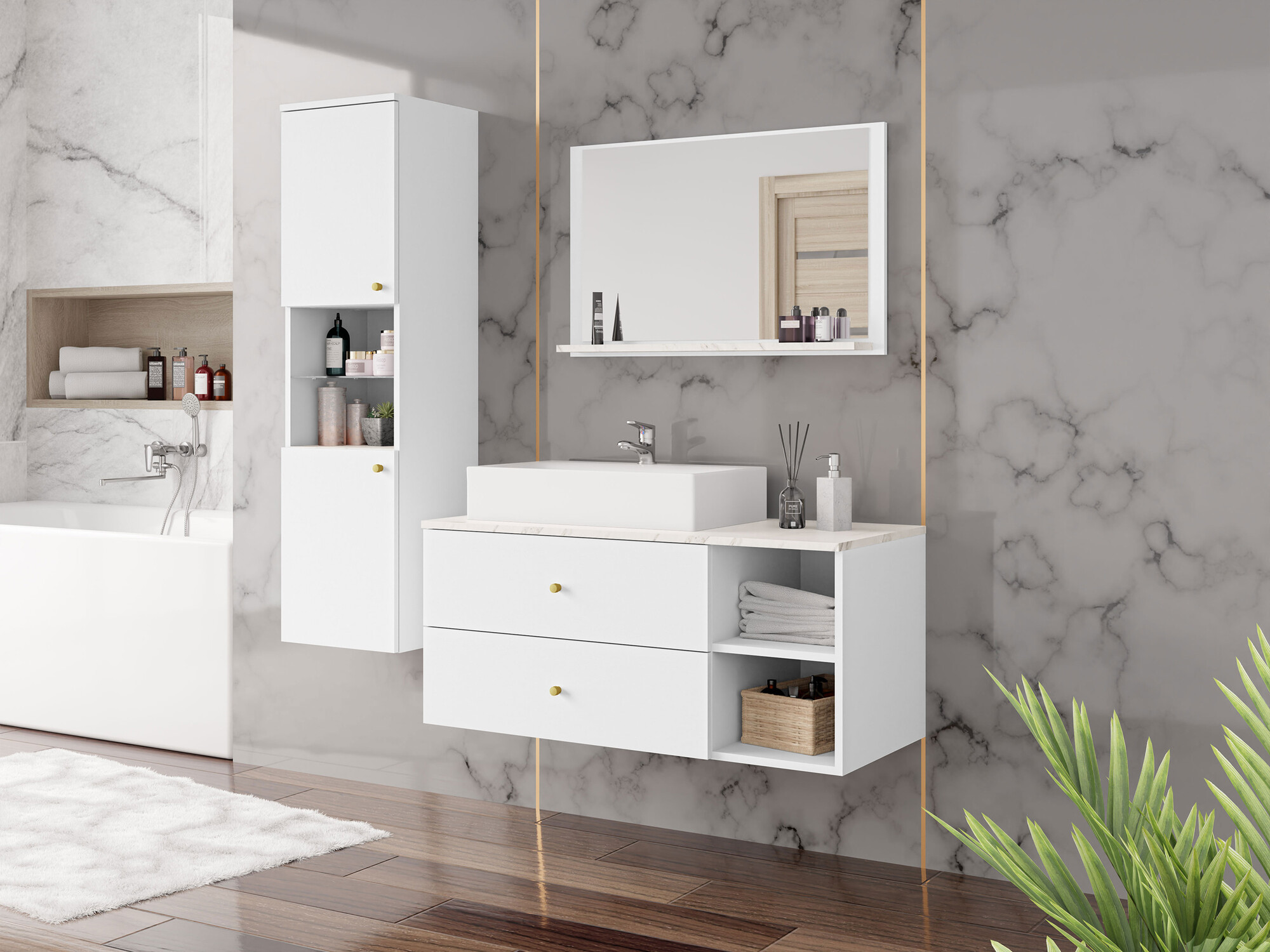 Set bagno Salus II (Bianco + Marmo bianco)