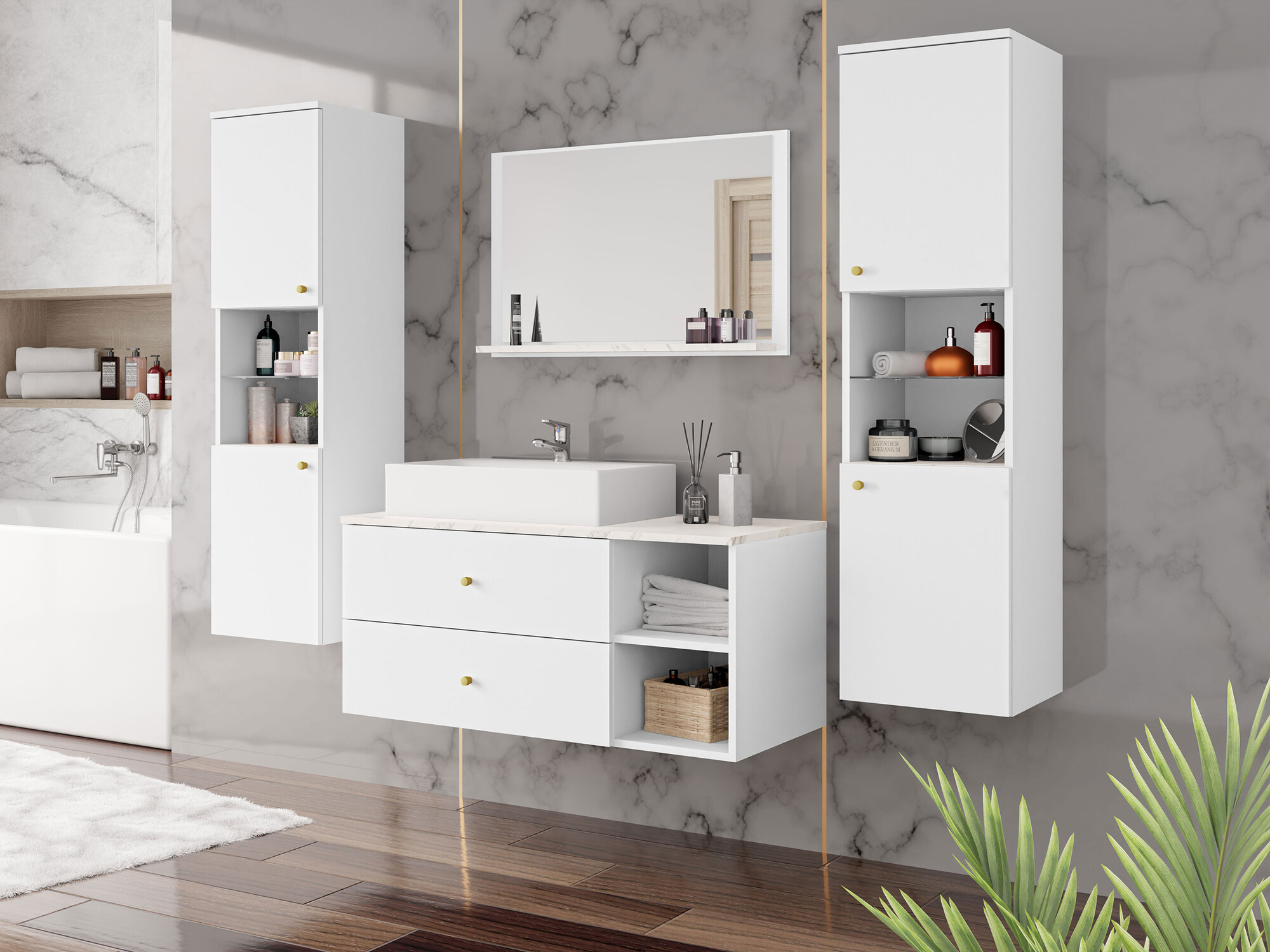 Set bagno Salus III (Bianco + Marmo bianco)