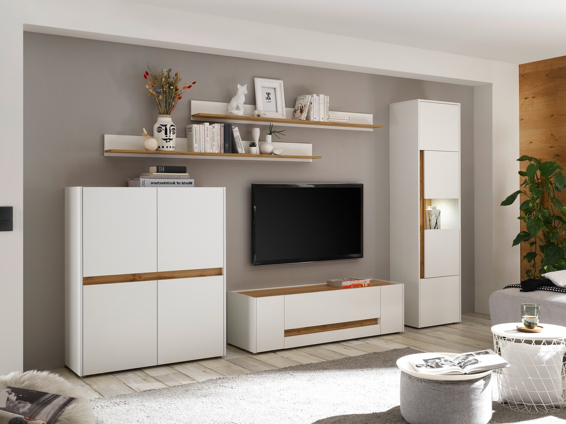 Parete attrezzata Elbsori 131 (Bianco + Quercia di Wotan)