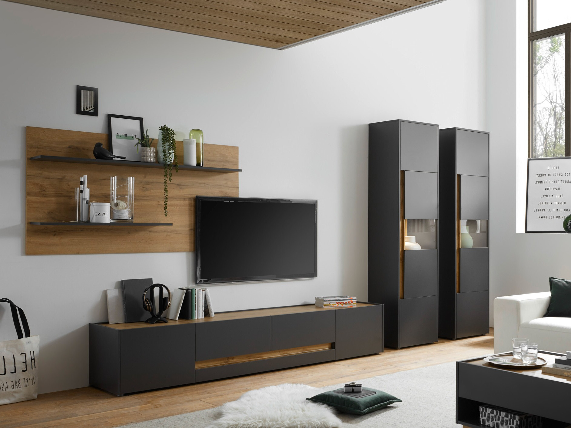 Parete attrezzata Elbsori 132 (Antracite + Quercia di Wotan)