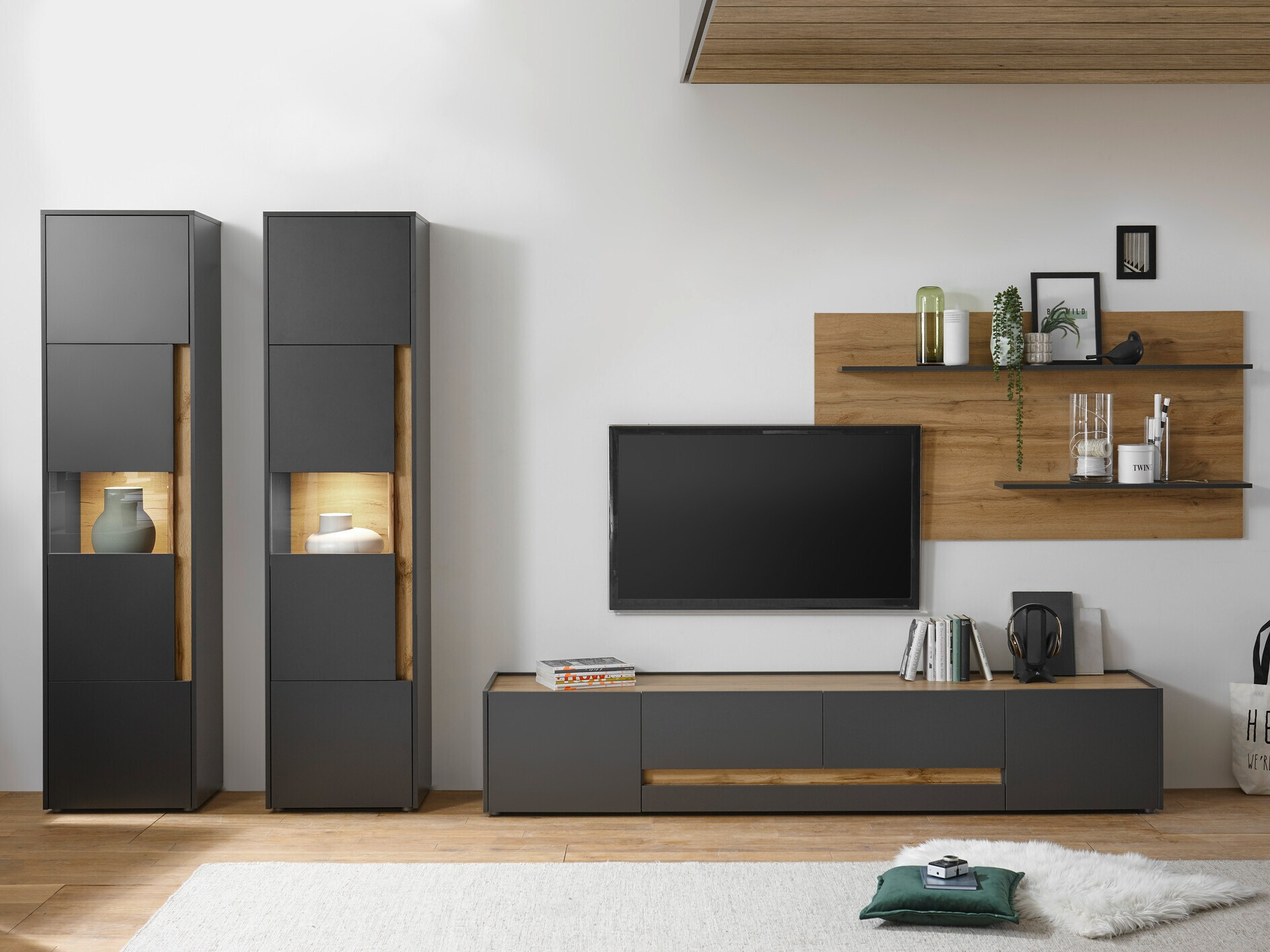 Parete attrezzata Elbsori 132 (Antracite + Quercia di Wotan)