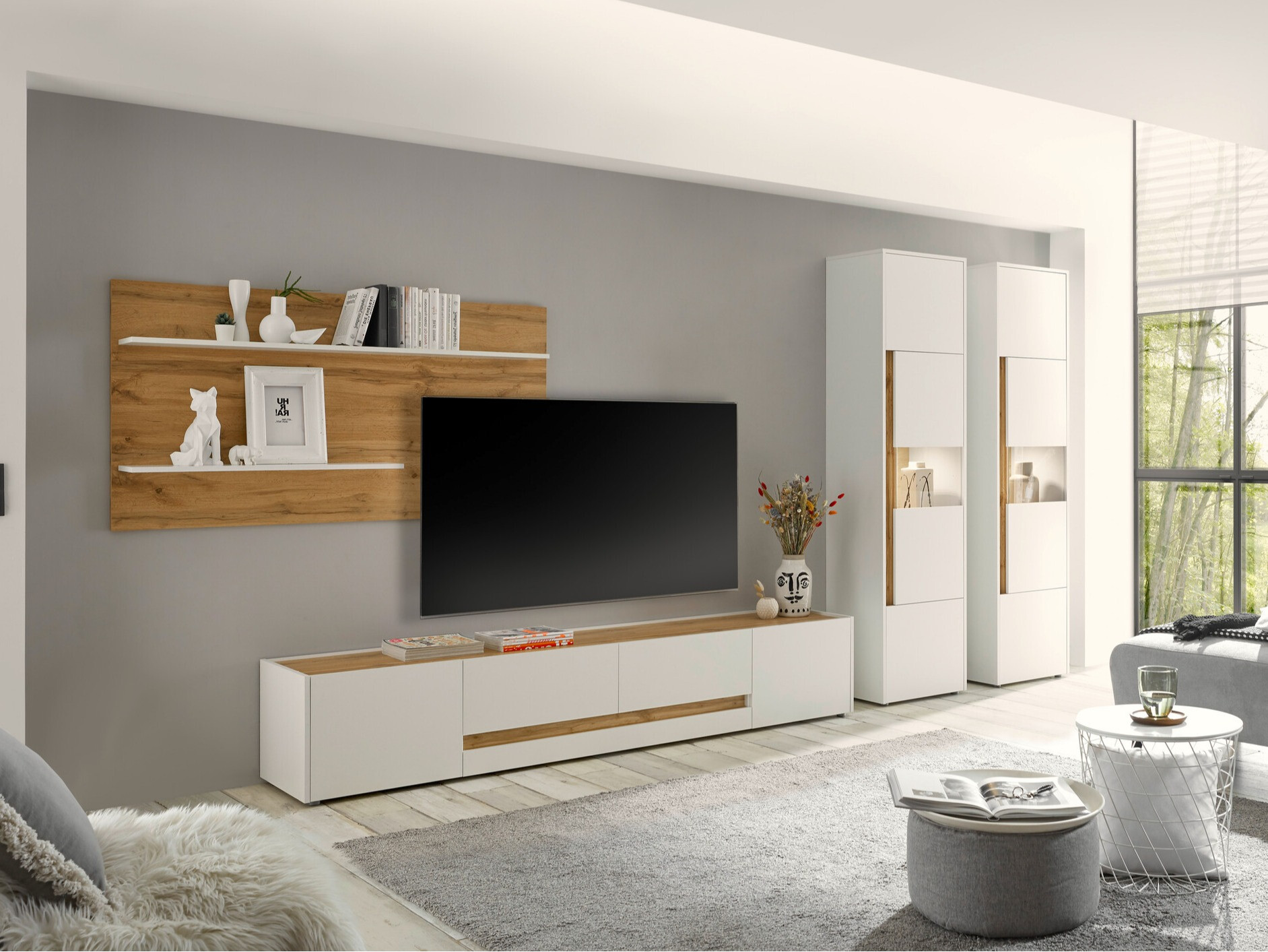 Parete attrezzata Elbsori 132 (Bianco + Quercia di Wotan)