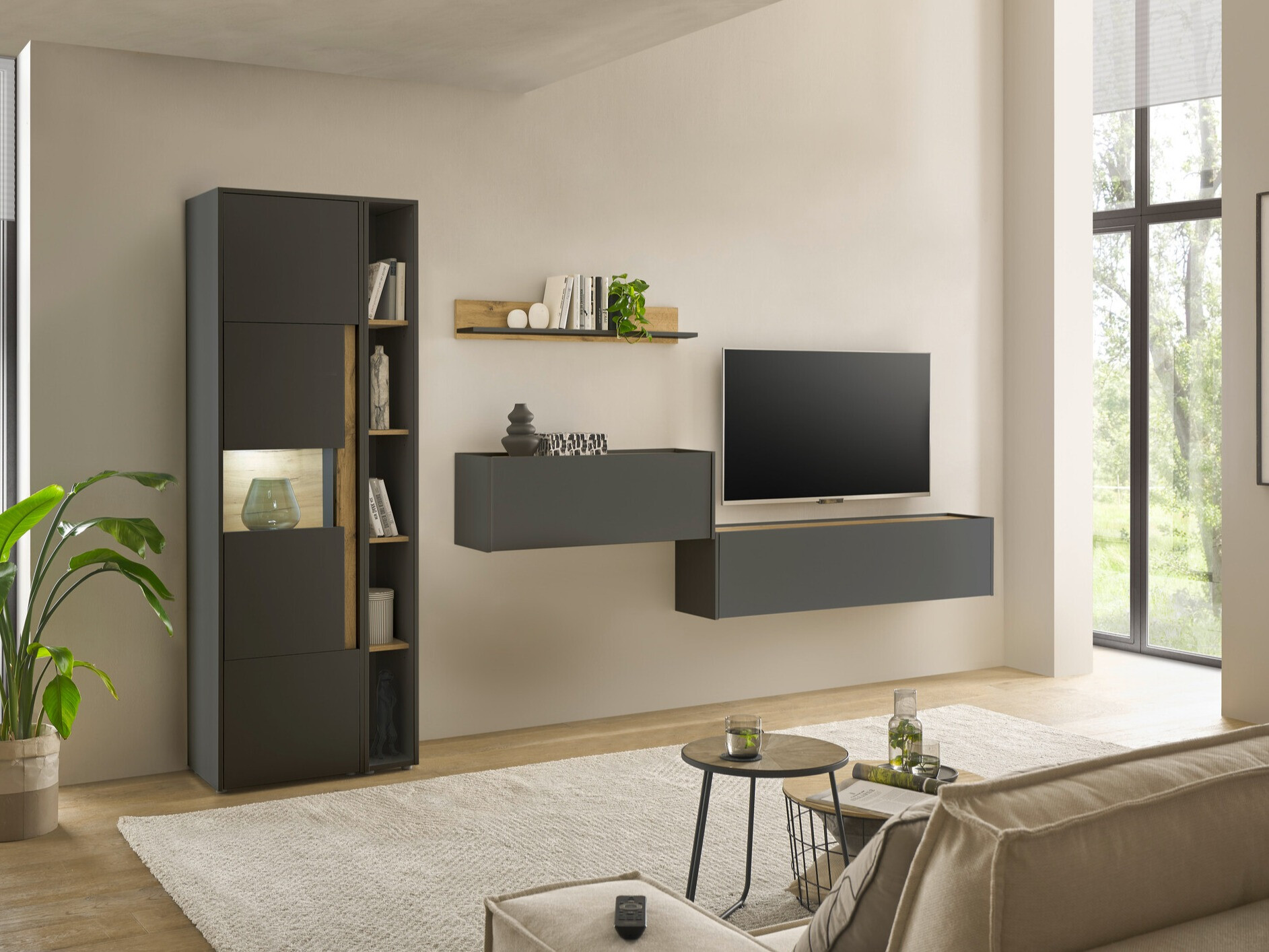 Parete attrezzata Elbsori 133 (Antracite + Quercia di Wotan)