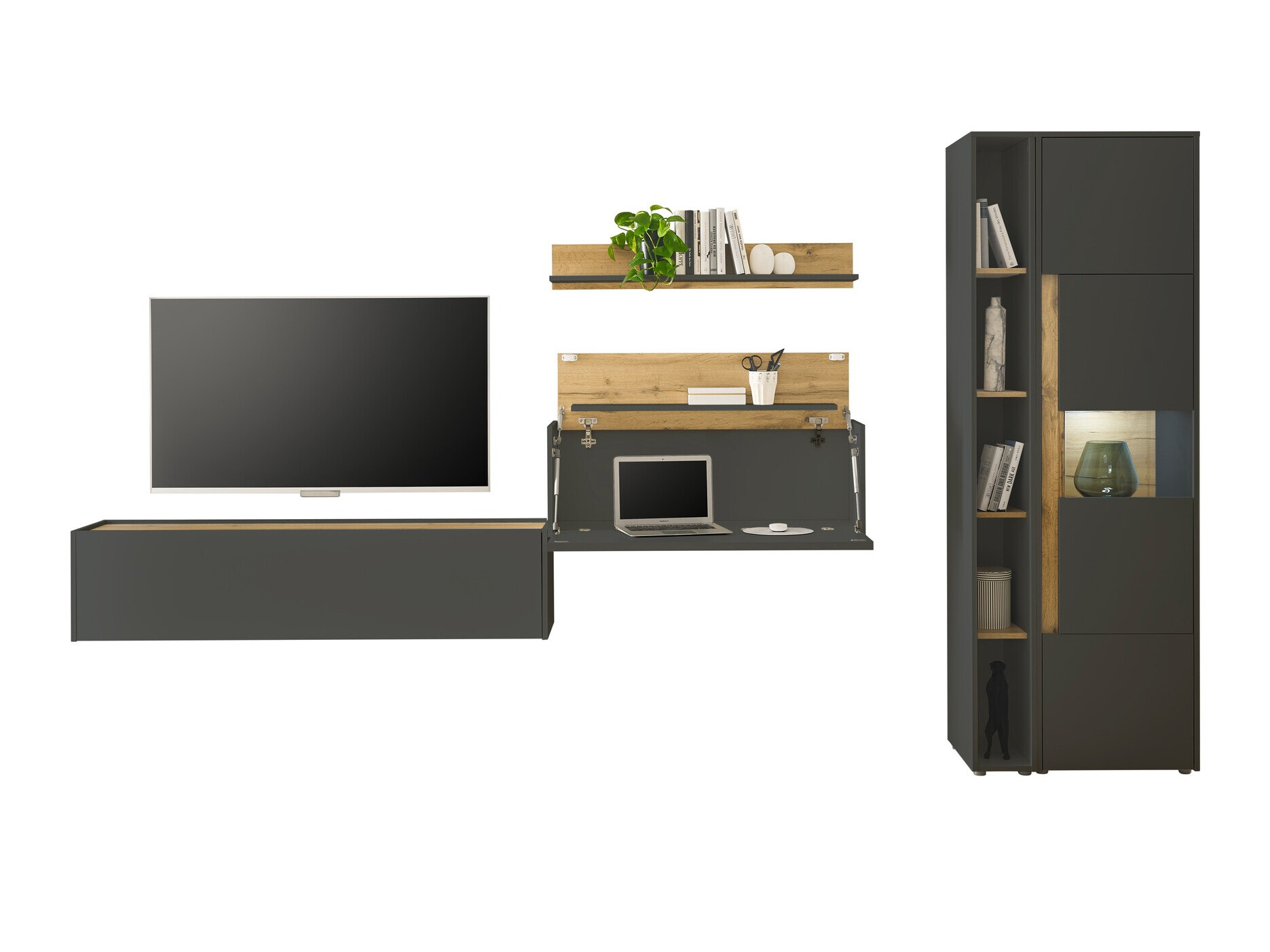 Parete attrezzata Elbsori 133 (Antracite + Quercia di Wotan)