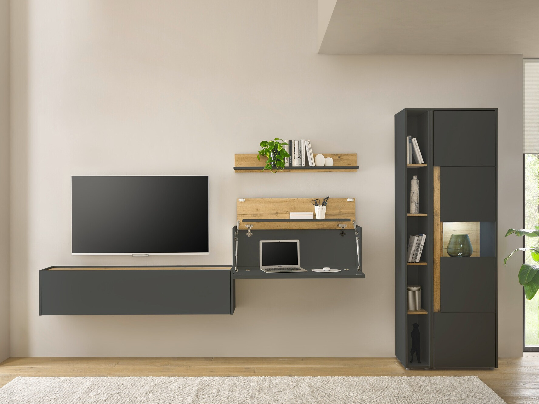 Parete attrezzata Elbsori 133 (Antracite + Quercia di Wotan)