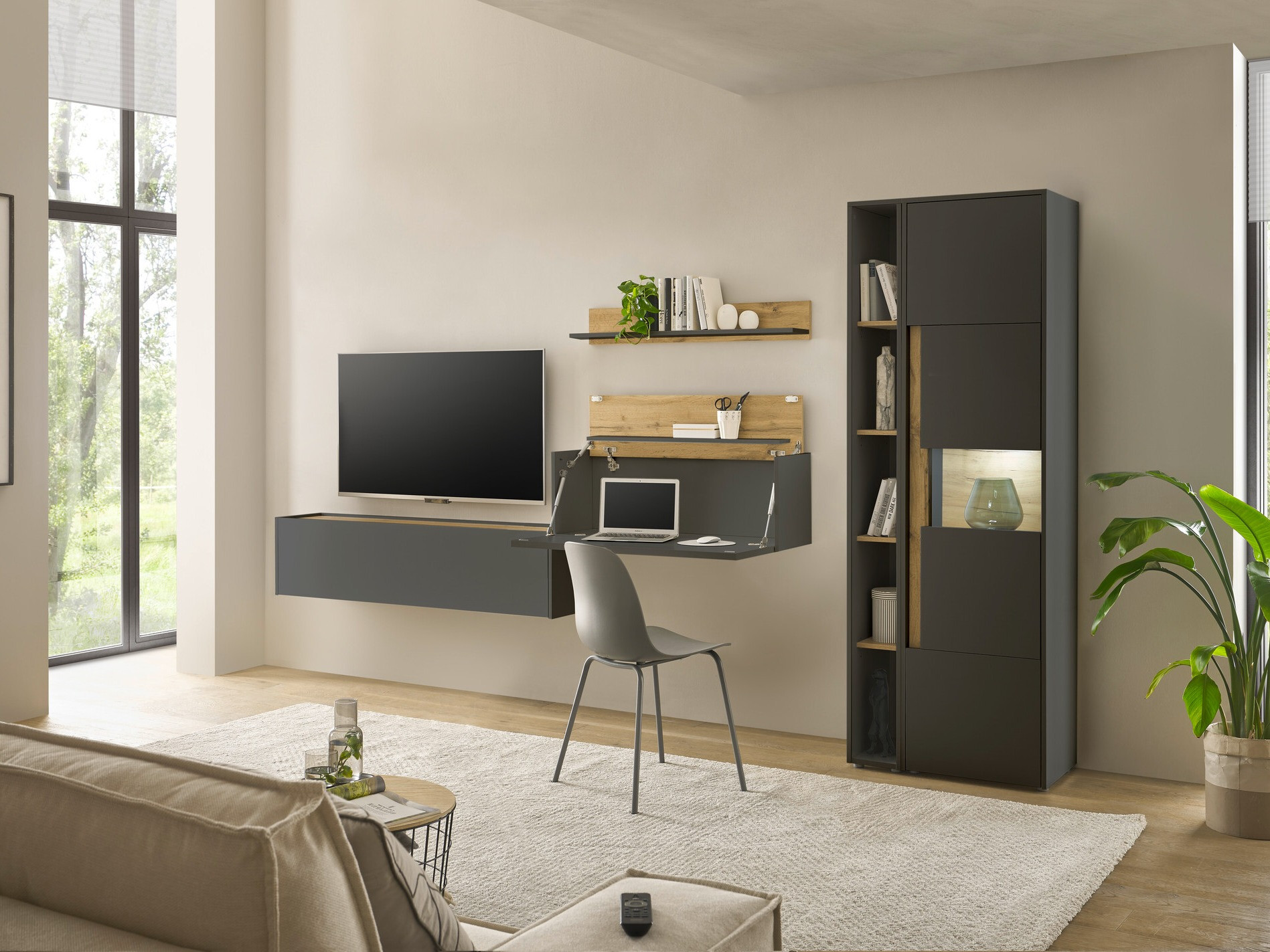 Parete attrezzata Elbsori 133 (Antracite + Quercia di Wotan)