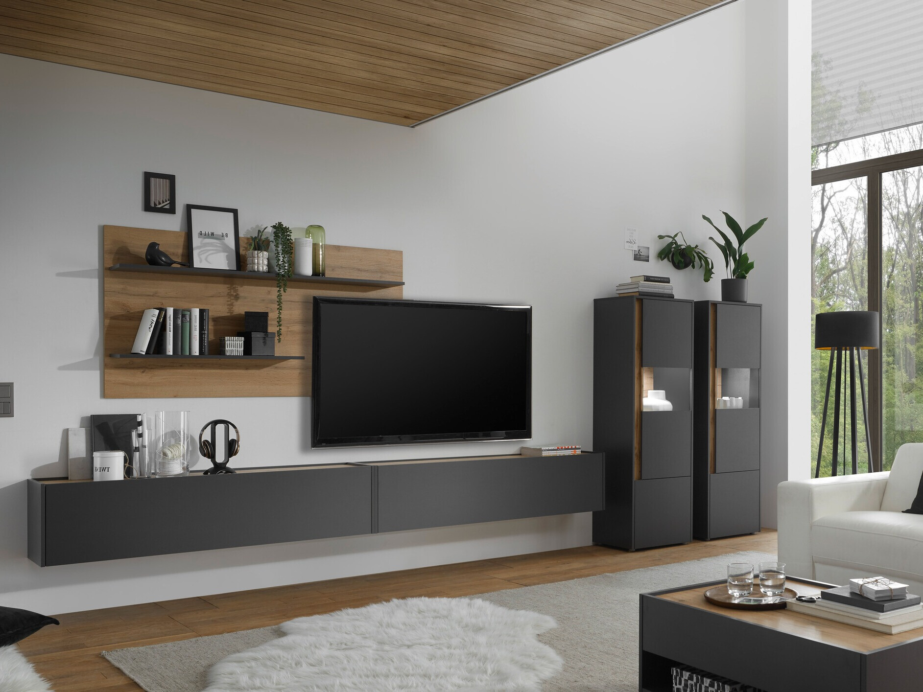 Parete attrezzata Elbsori 135 (Antracite + Quercia di Wotan)