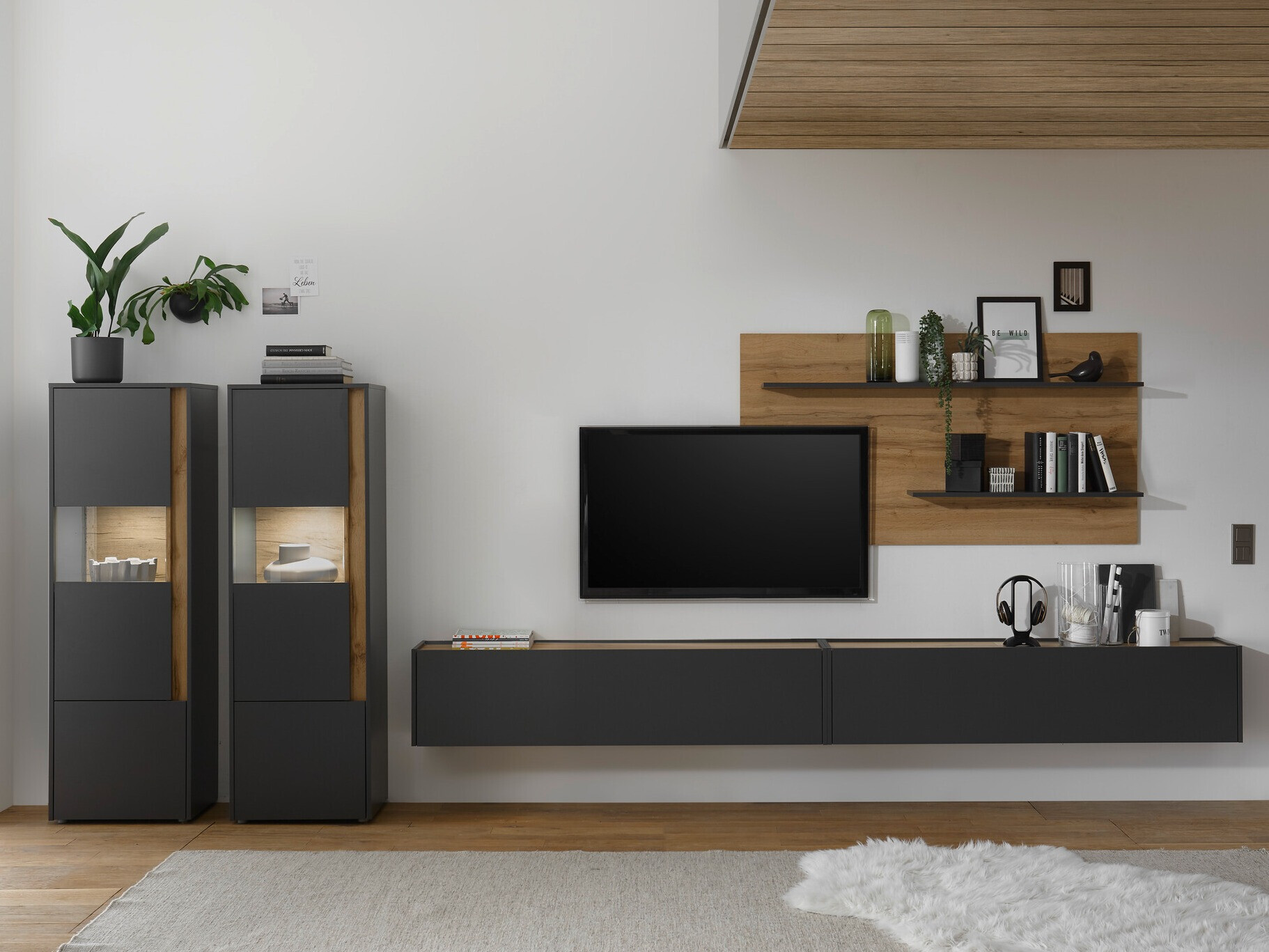 Parete attrezzata Elbsori 135 (Antracite + Quercia di Wotan)