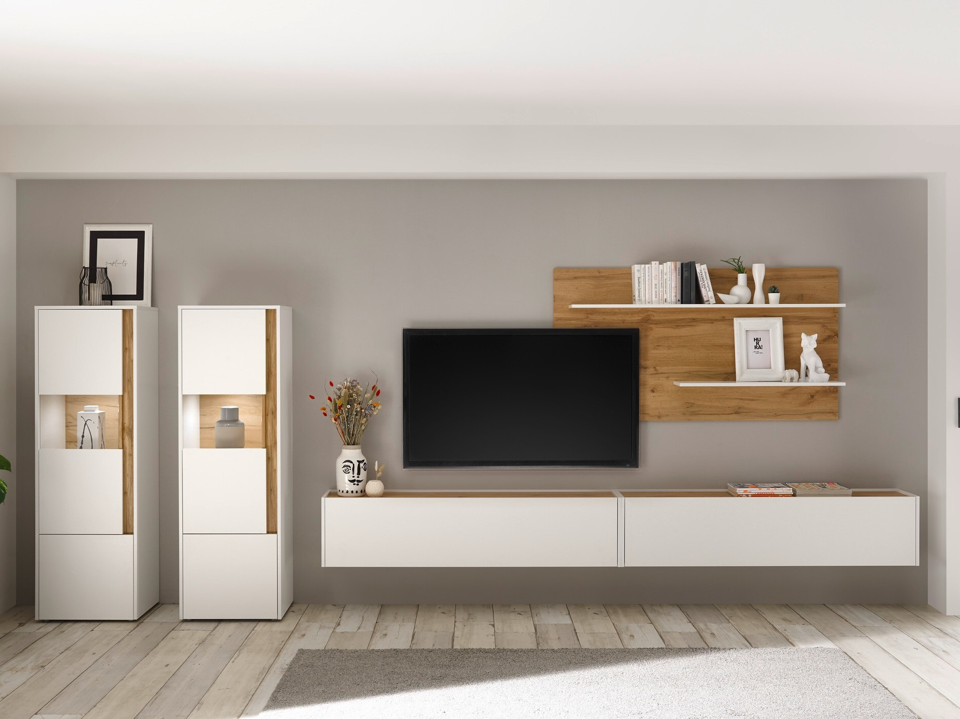 Parete attrezzata Elbsori 135 (Bianco + Quercia di Wotan)