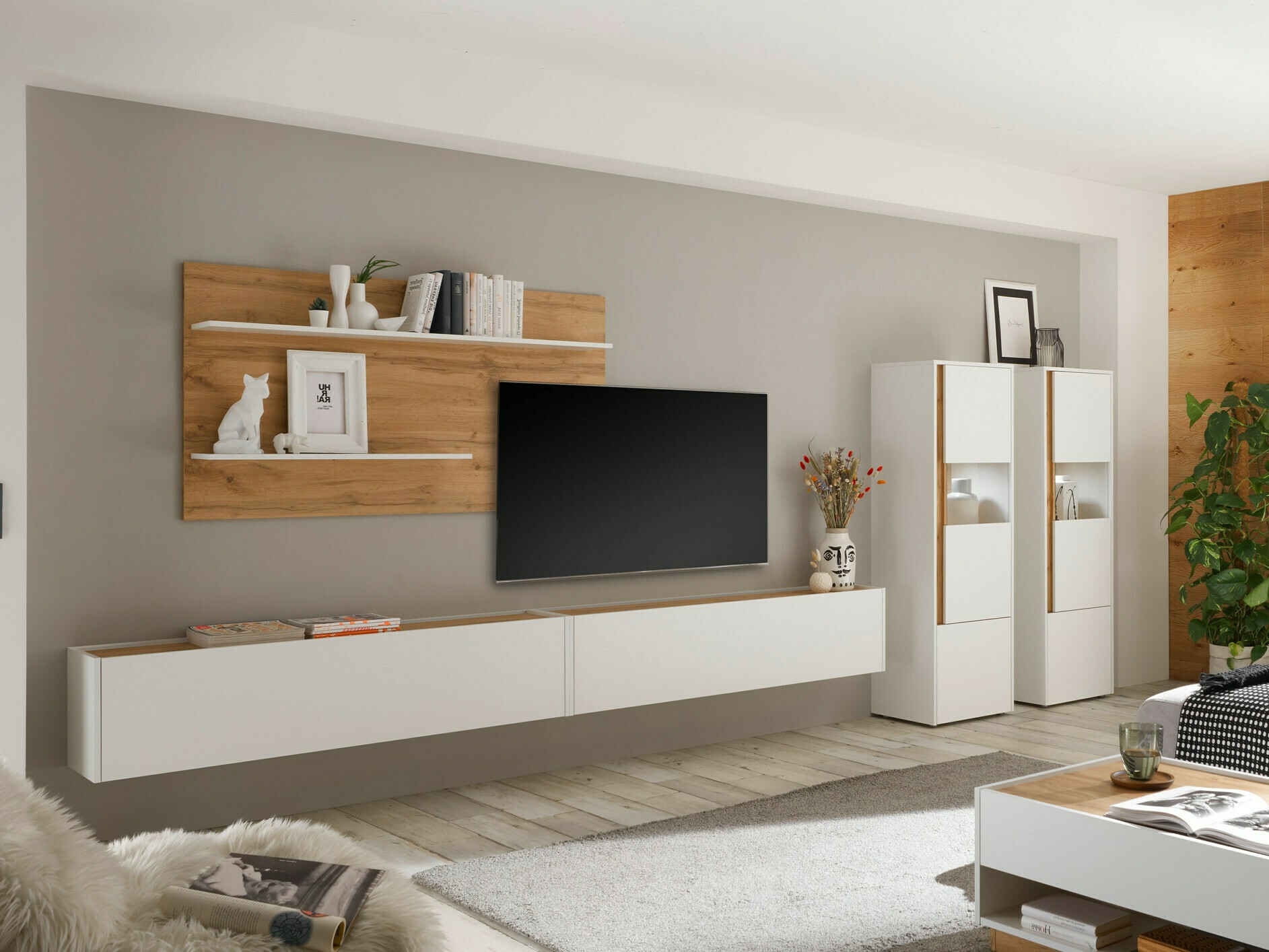 Parete attrezzata Elbsori 135 (Bianco + Quercia di Wotan)