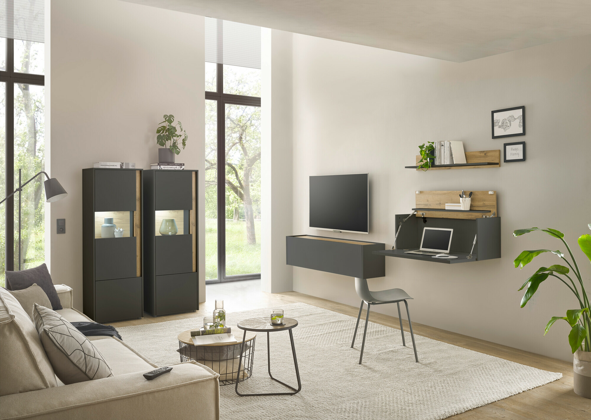 Parete attrezzata Elbsori 136 (Antracite + Quercia di Wotan)