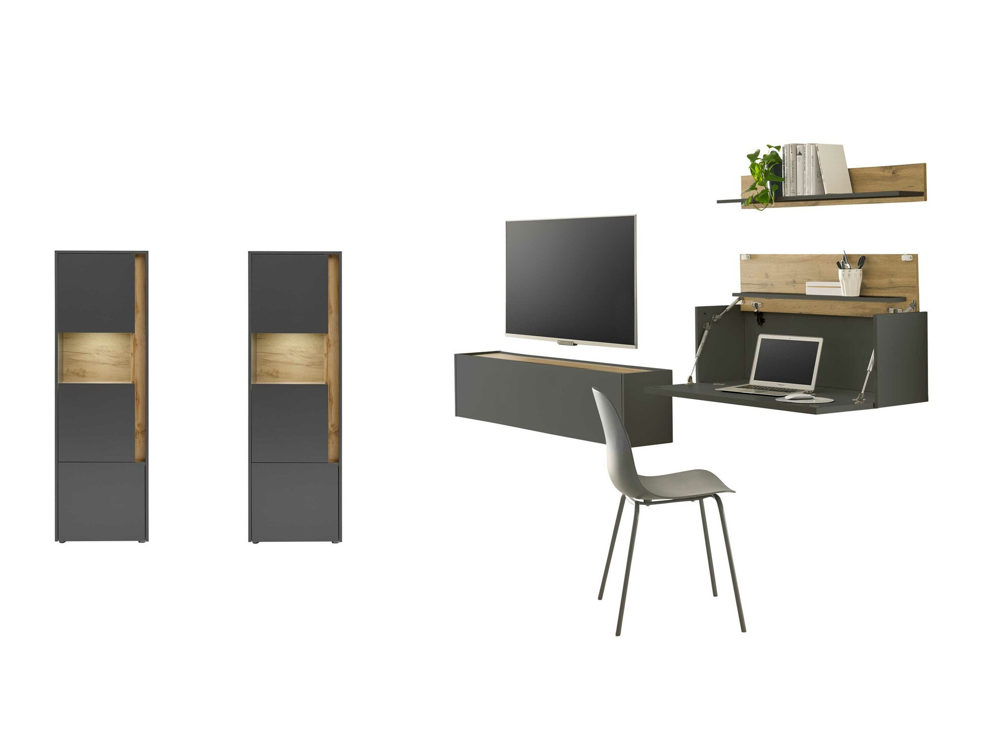 Parete attrezzata Elbsori 136 (Antracite + Quercia di Wotan)