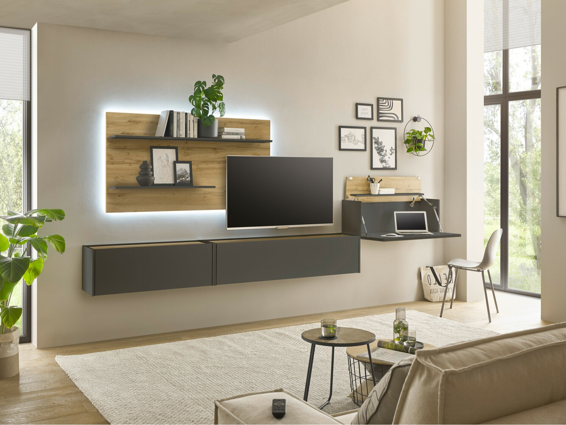 Parete attrezzata Elbsori 137 (Antracite + Quercia di Wotan)