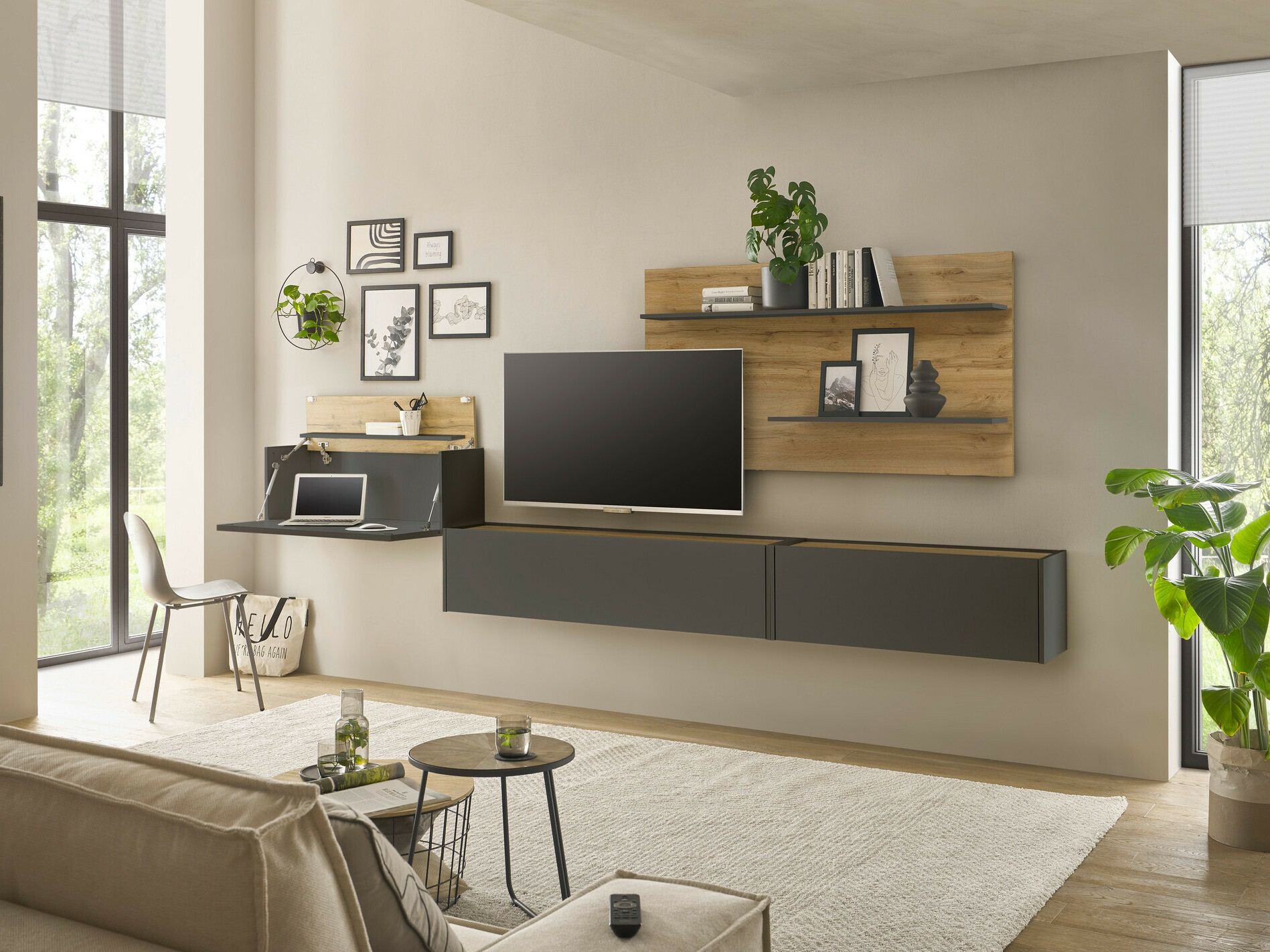 Parete attrezzata Elbsori 137 (Antracite + Quercia di Wotan)