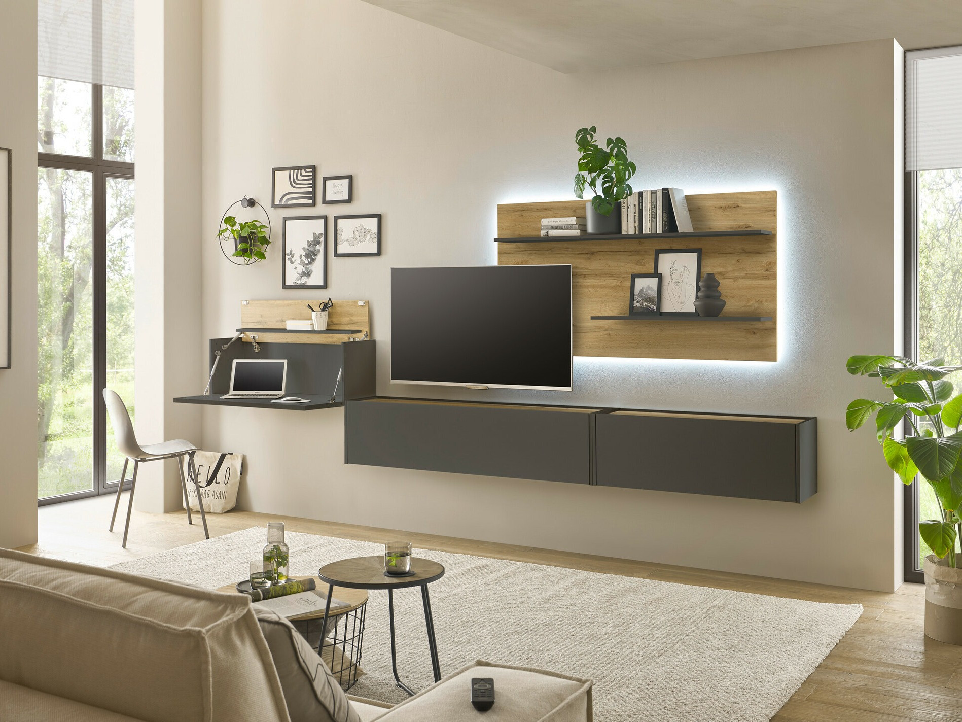 Parete attrezzata Elbsori 137 (Antracite + Quercia di Wotan)