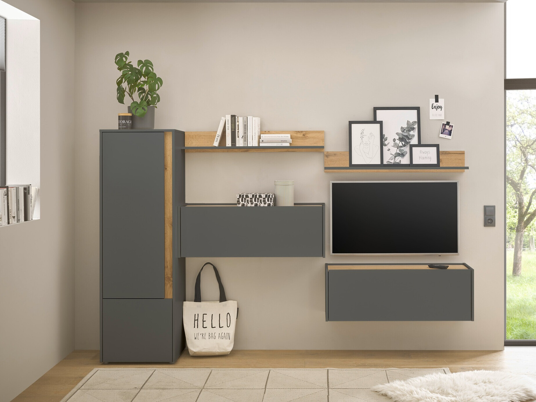 Parete attrezzata Elbsori 138 (Antracite + Quercia di Wotan)