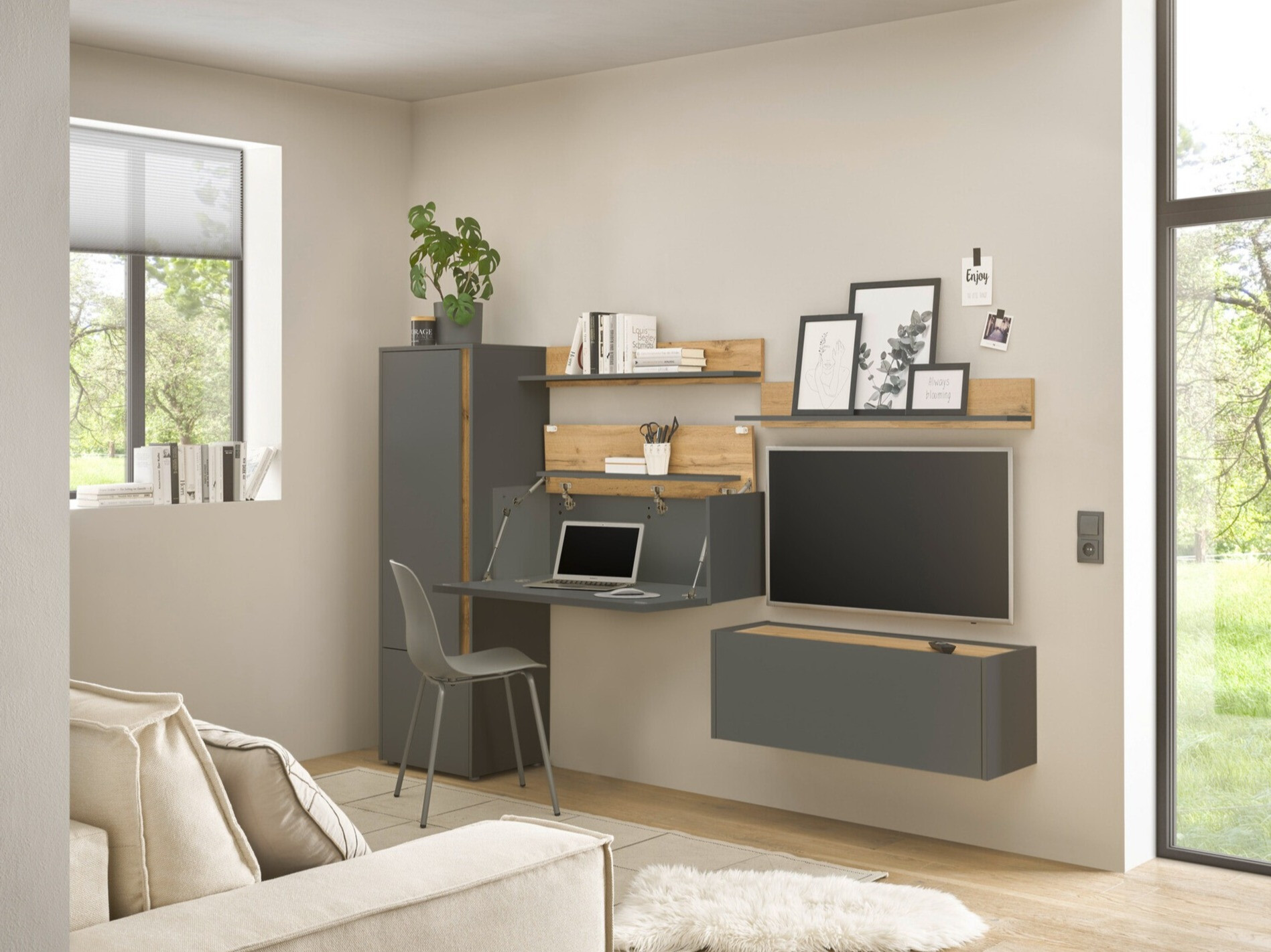 Parete attrezzata Elbsori 138 (Antracite + Quercia di Wotan)