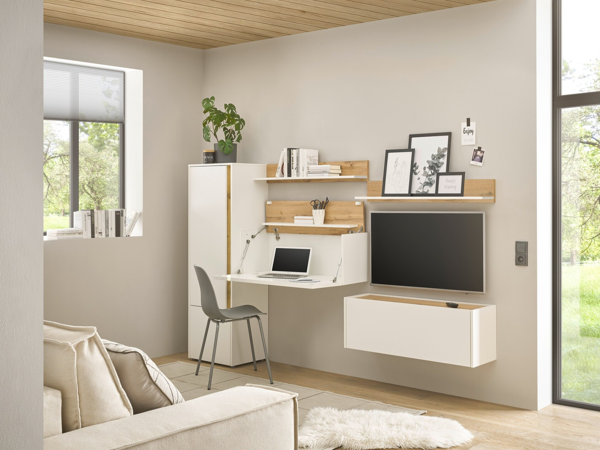 Parete attrezzata Elbsori 138 (Bianco + Quercia di Wotan)