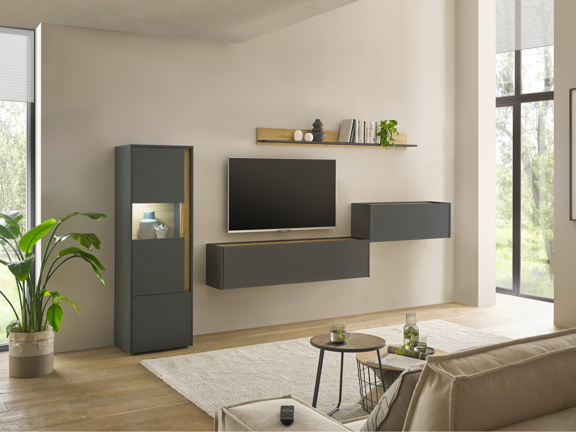 Parete attrezzata Elbsori 141 (Antracite + Quercia di Wotan)