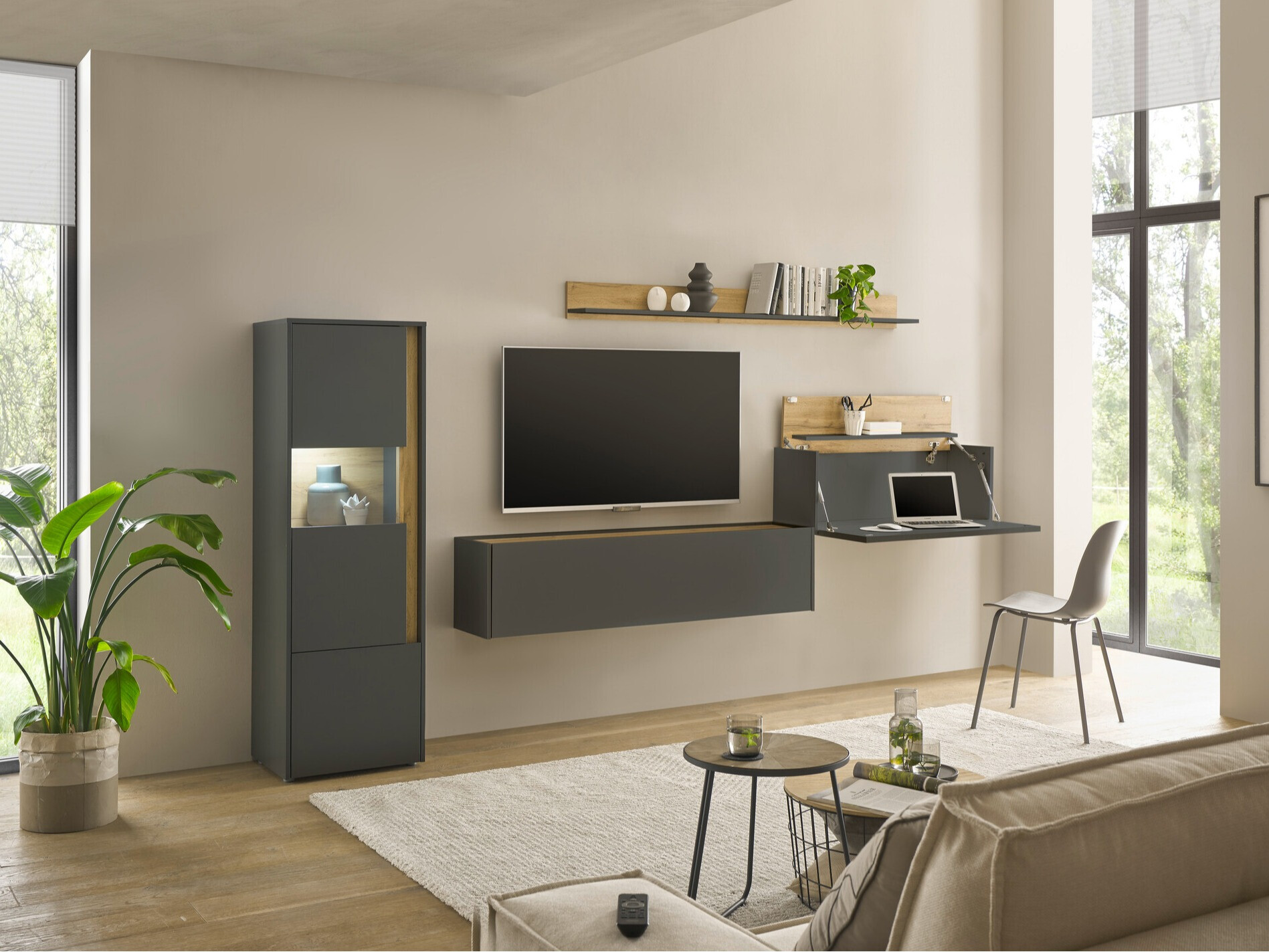 Parete attrezzata Elbsori 141 (Antracite + Quercia di Wotan)