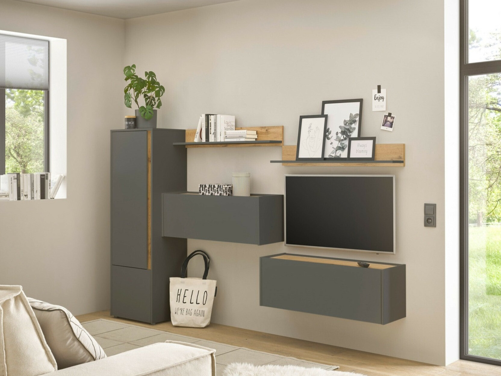 Parete attrezzata Elbsori 138 (Antracite + Quercia di Wotan)