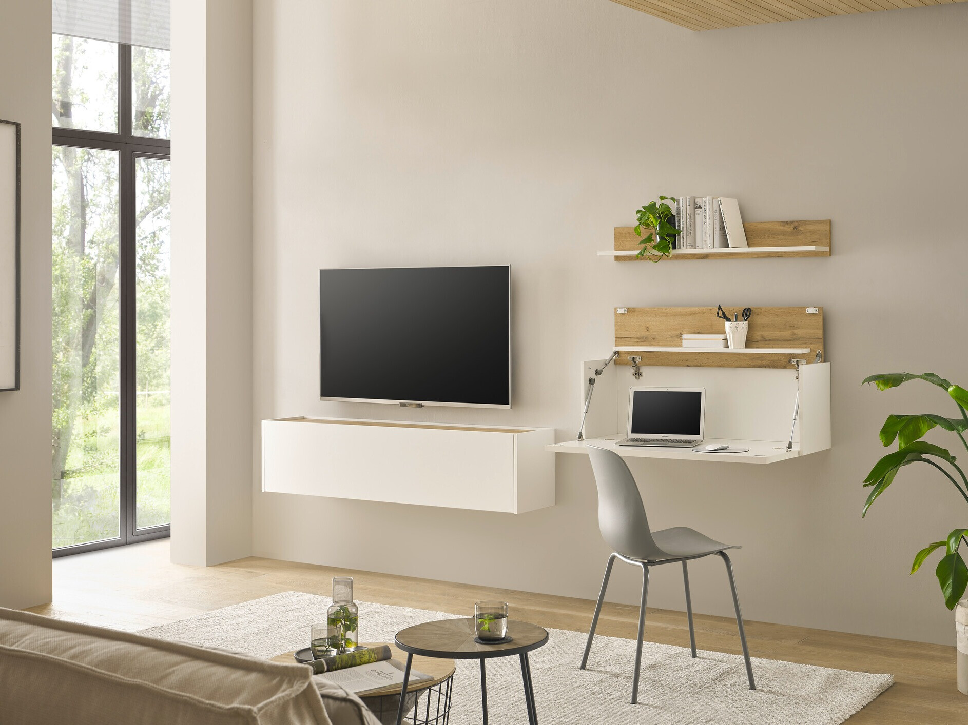 Parete attrezzata Elbsori 143 (Bianco + Quercia di Wotan)