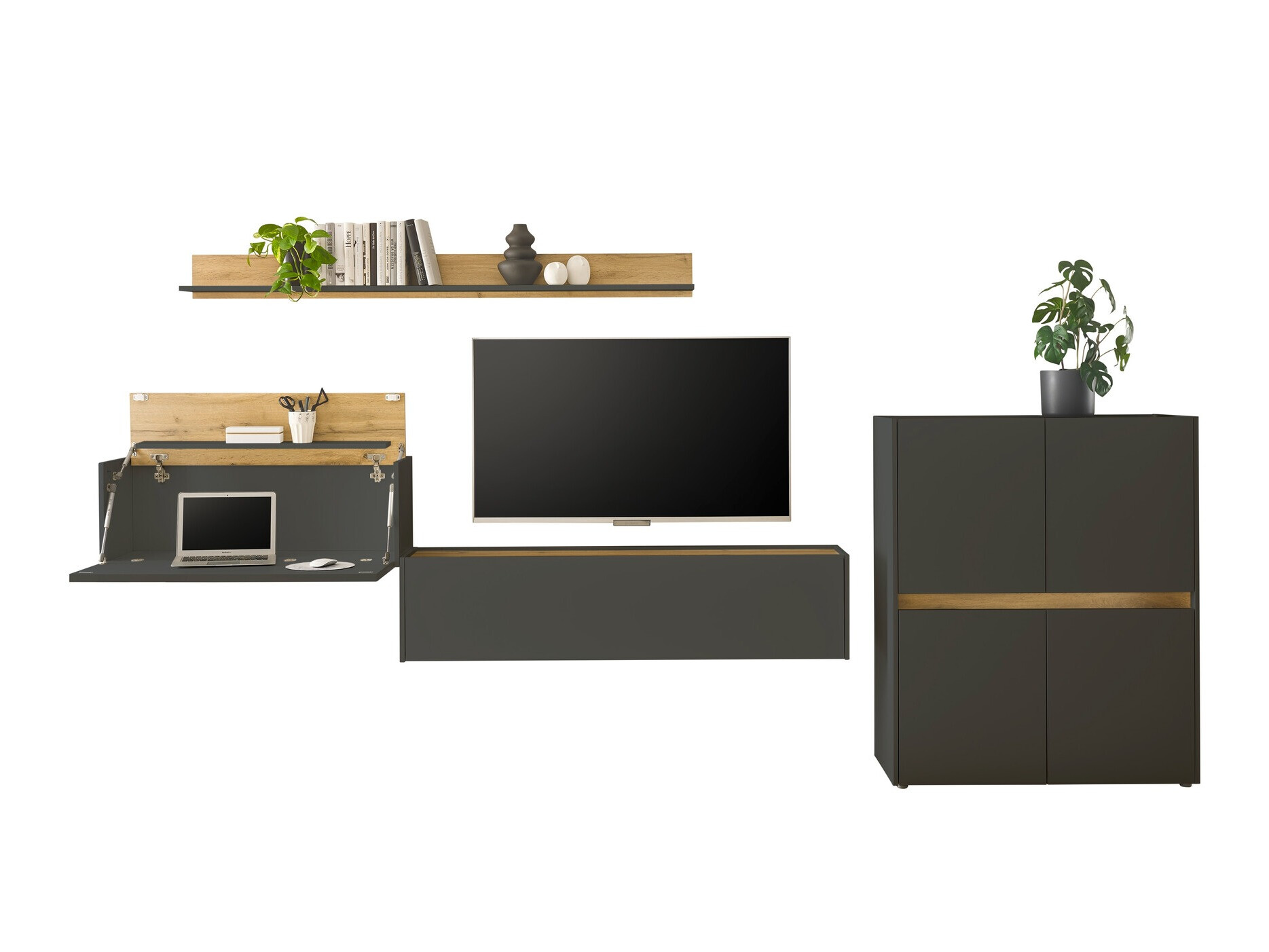 Parete attrezzata Elbsori 144 (Antracite + Quercia di Wotan)