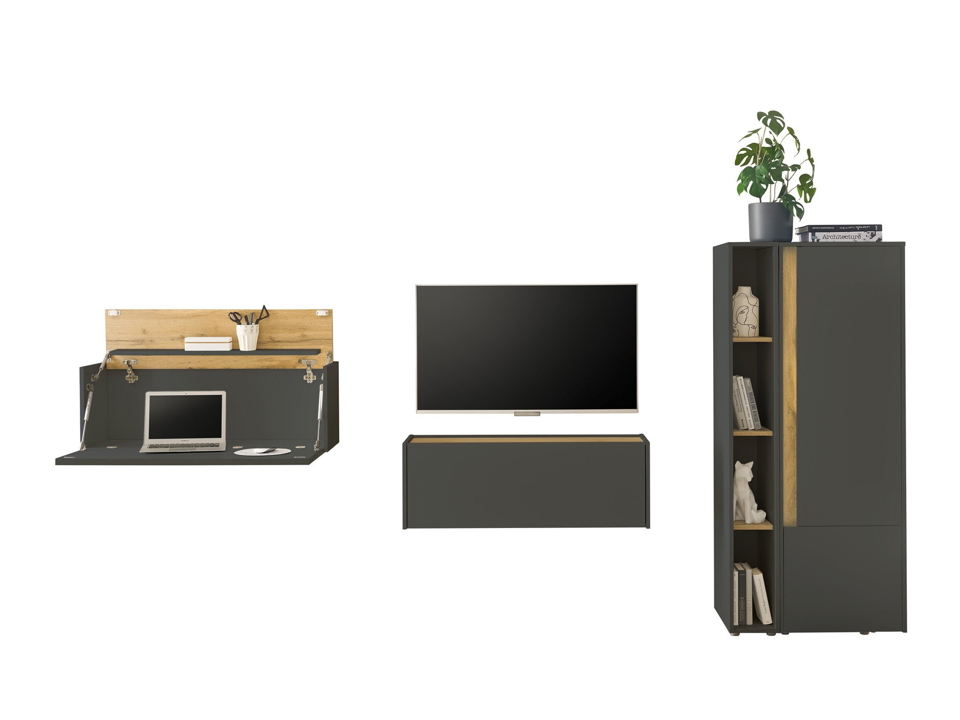 Parete attrezzata Elbsori 146 (Antracite + Quercia di Wotan)