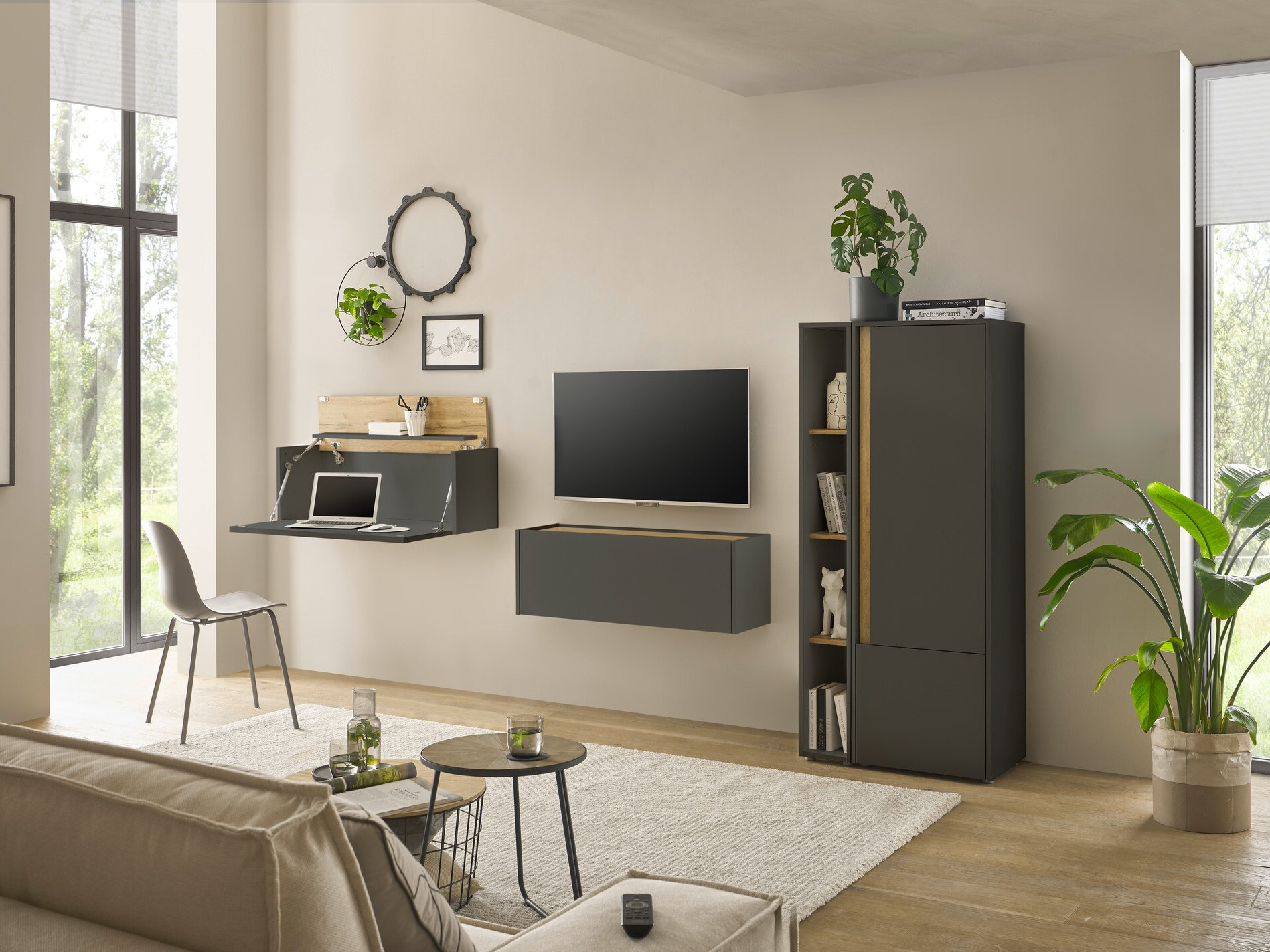 Parete attrezzata Elbsori 146 (Antracite + Quercia di Wotan)