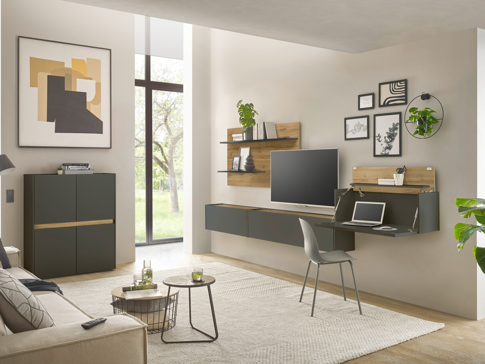 Parete attrezzata Elbsori 147 (Antracite + Quercia di Wotan)