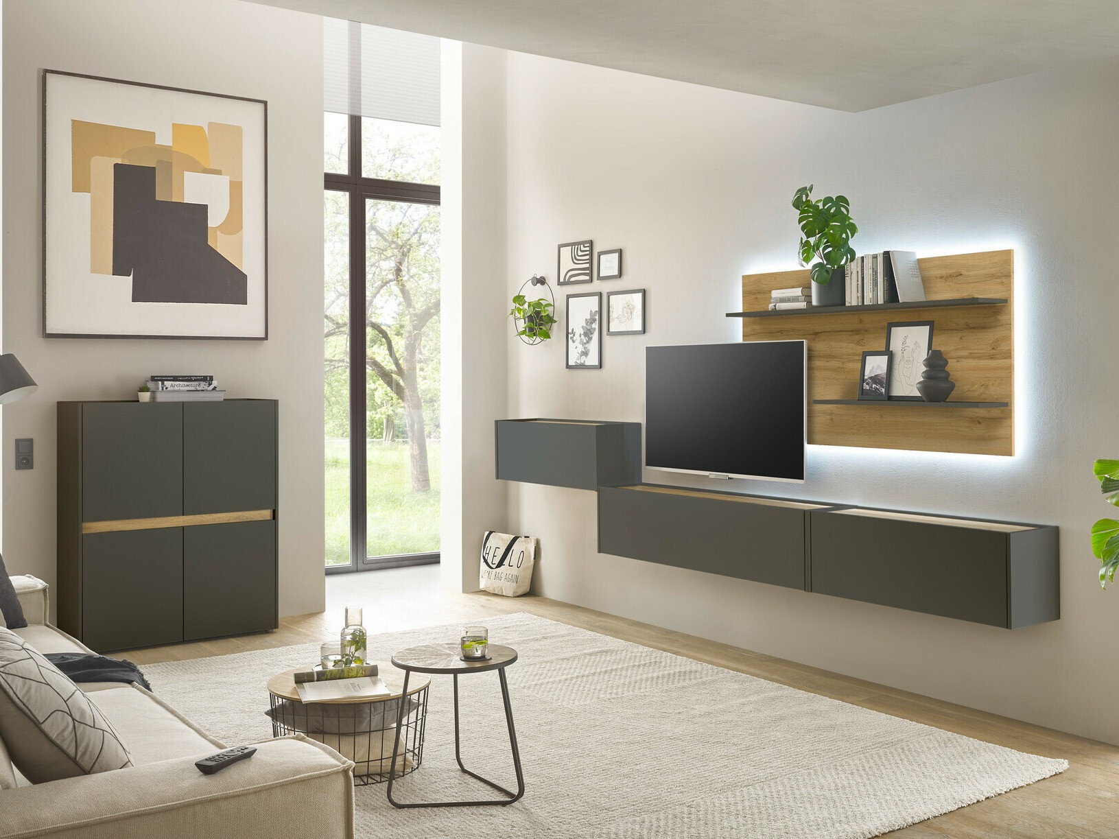 Parete attrezzata Elbsori 147 (Antracite + Quercia di Wotan)