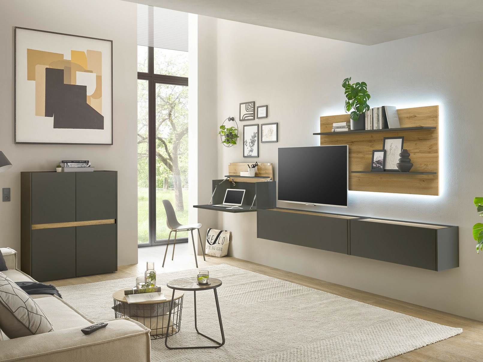 Parete attrezzata Elbsori 147 (Antracite + Quercia di Wotan)