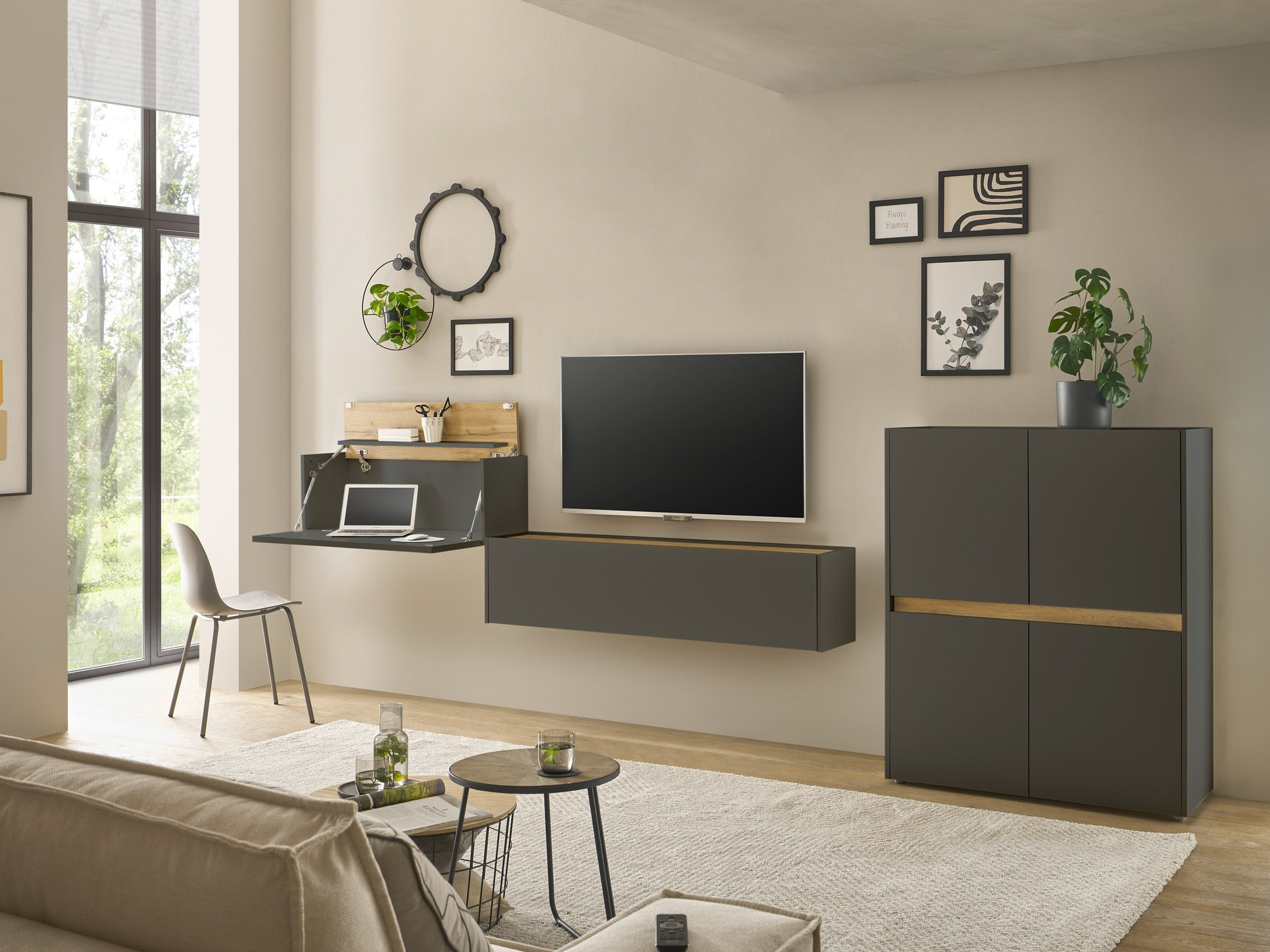 Parete attrezzata Elbsori 148 (Antracite + Quercia di Wotan)