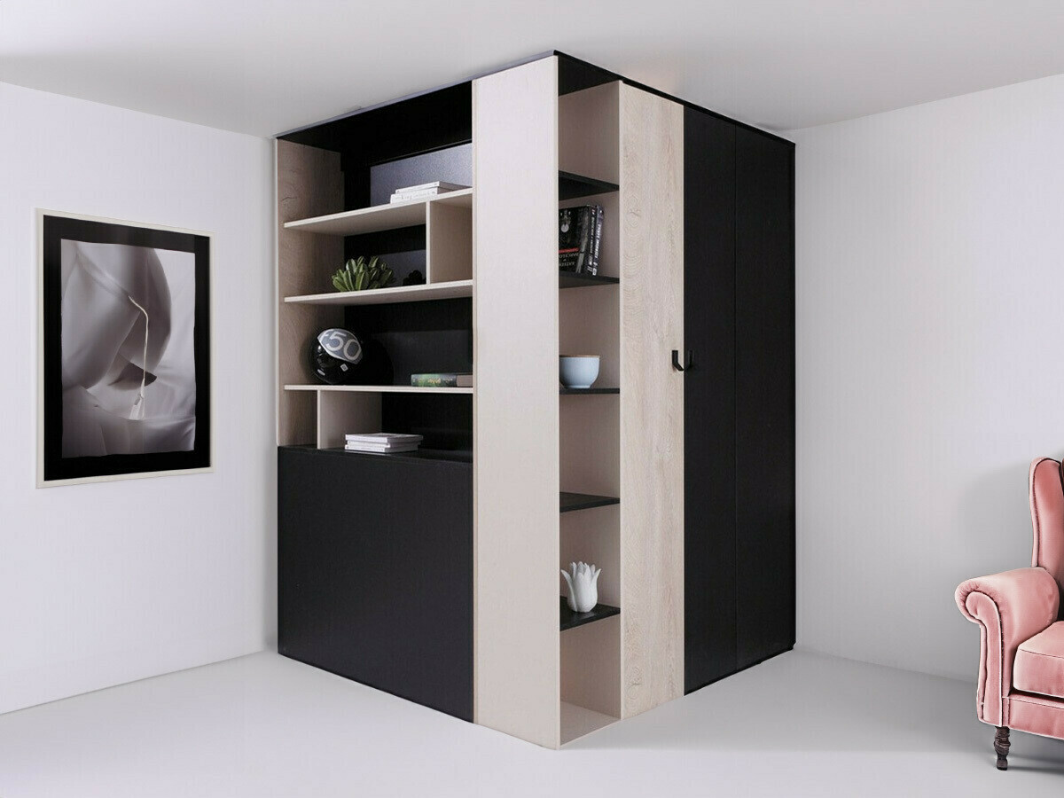 Armadio ad angolo Camteso 113 (Nero + Quercia + Beige)