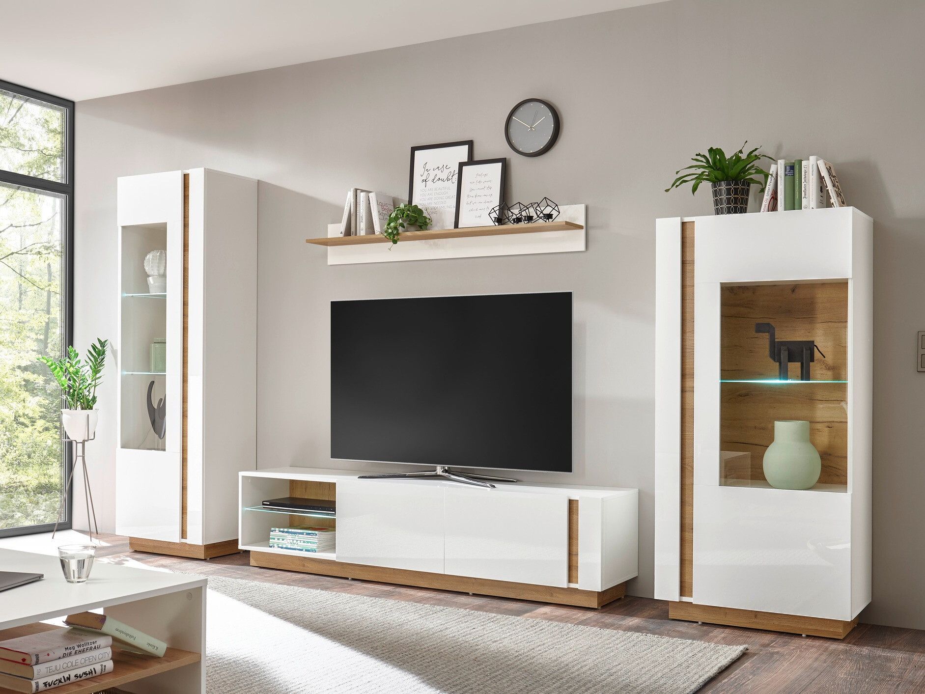 Parete attrezzata Veropho 112 (Bianco lucido + Nipote di quercia)