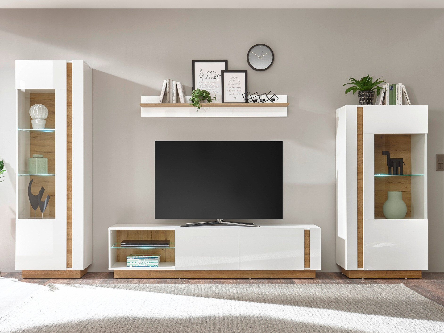 Parete attrezzata Veropho 112 (Bianco lucido + Nipote di quercia)