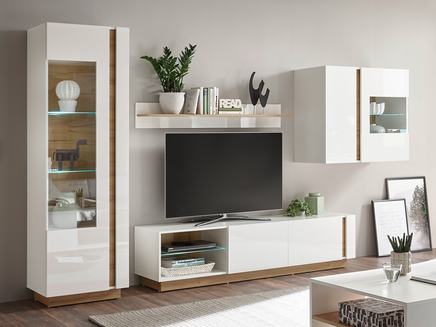 Parete attrezzata Veropho 113 (Bianco lucido + Nipote di quercia)