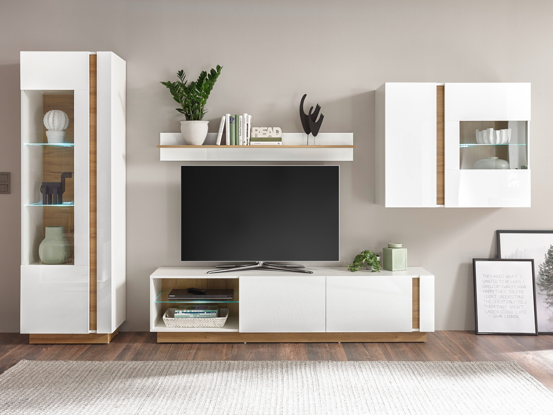 Parete attrezzata Veropho 113 (Bianco lucido + Nipote di quercia)